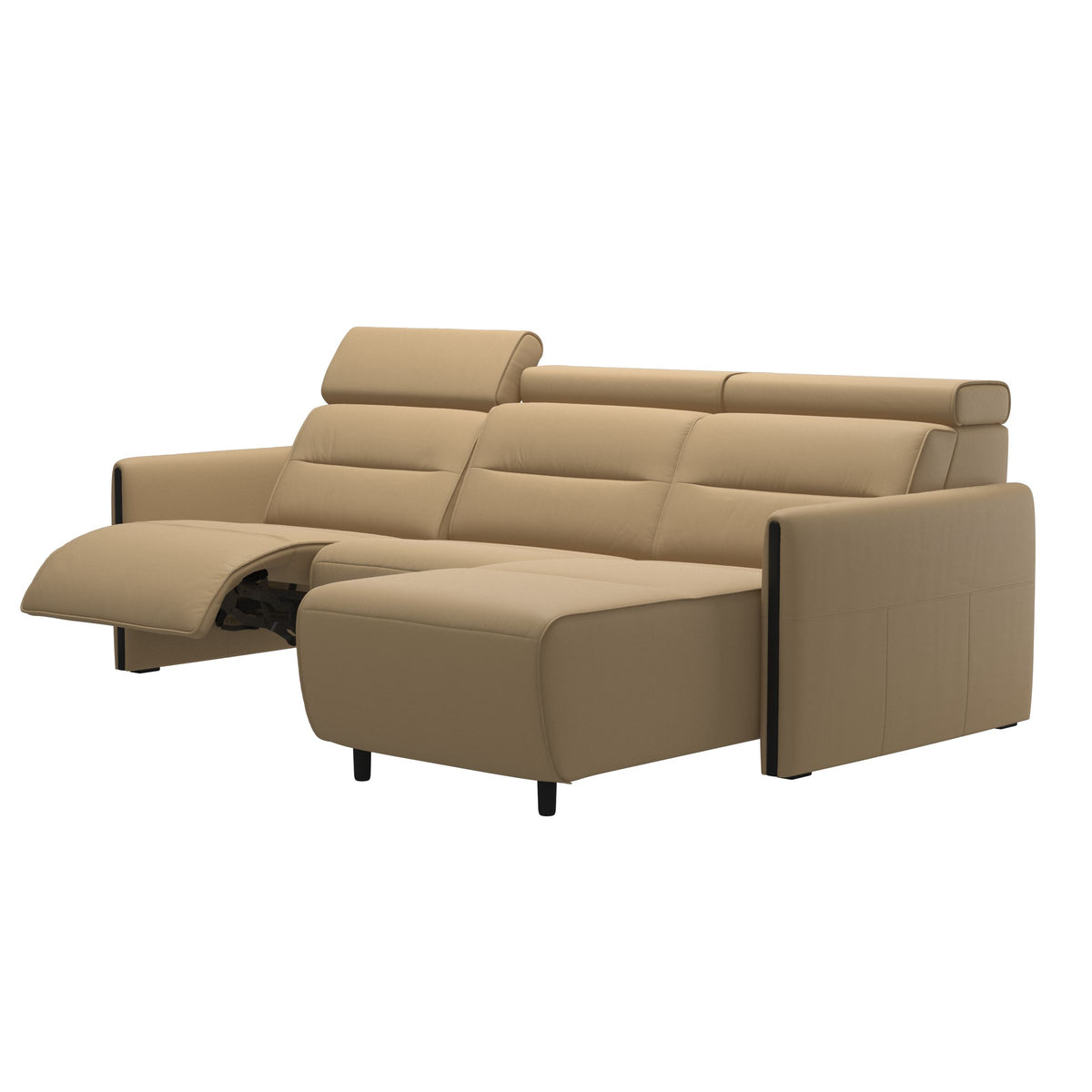 Stressless Emily Wood 2-Seater Sofa with 1 Power Seat and 1 Long Seat in Paloma Sand, Black, side view
