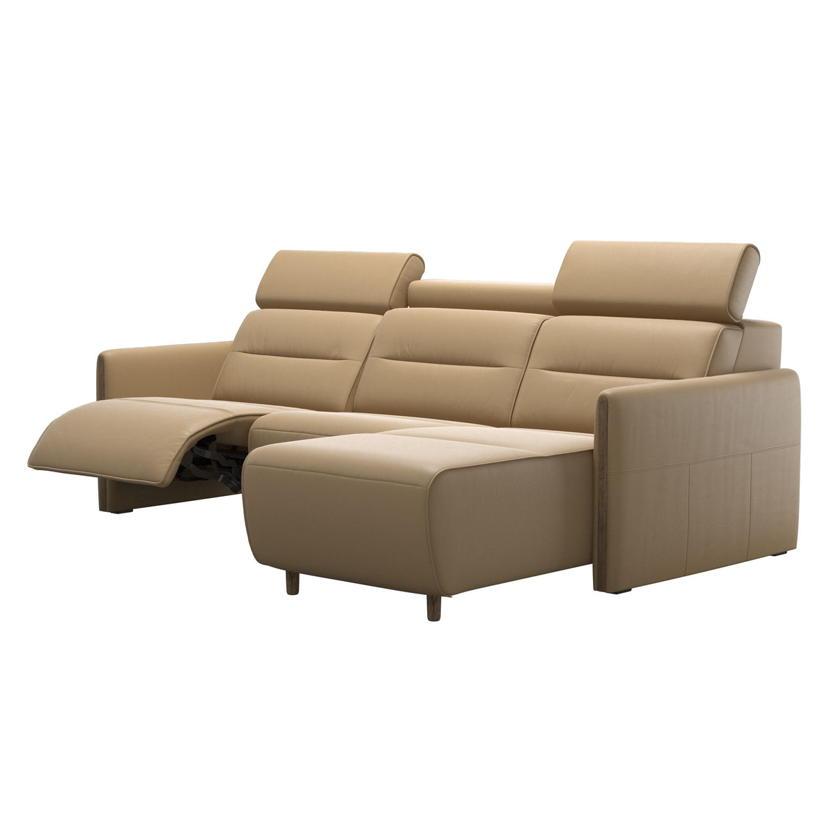 Emily Wood - 2-Seater Sofa with 1 Power Seat and 1 Long Seat - Paloma Sand - Smoked Oak