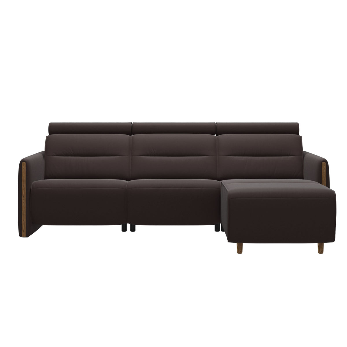 Stressless Emily Wood 2-Seater Sofa with 1 Power Seat and 1 Long Seat in Paloma Chocolate, Teak, front view