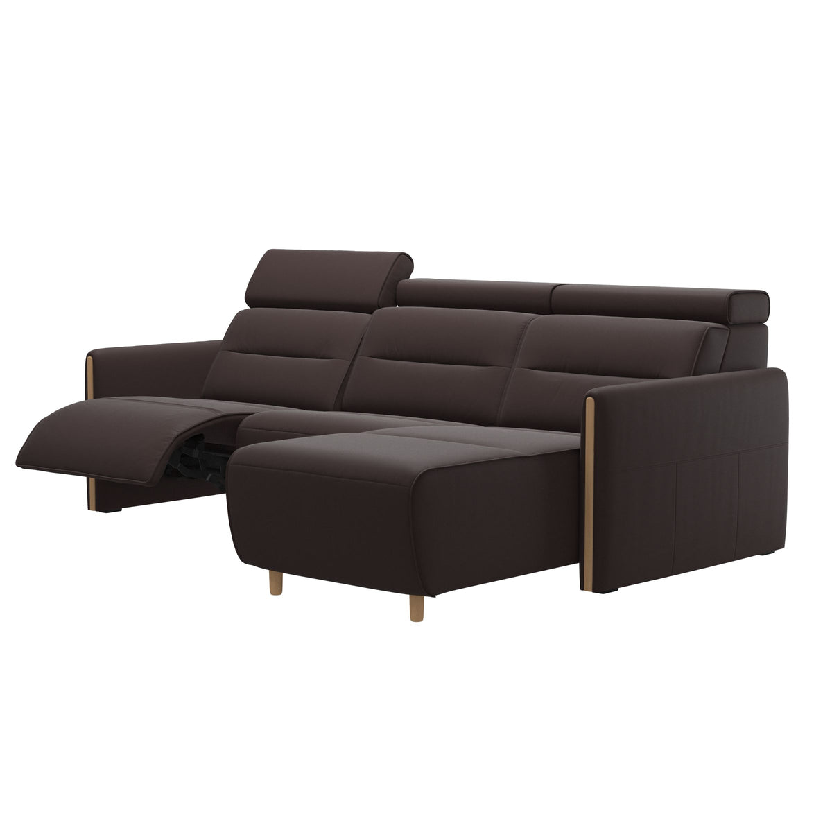 Stressless Emily Wood 2-Seater Sofa with 1 Power Seat and 1 Long Seat in Paloma Chocolate, Oak, side view