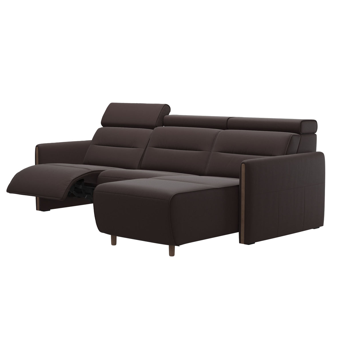 Stressless Emily Wood 2-Seater Sofa with 1 Power Seat and 1 Long Seat in Paloma Chocolate, Walnut, side view