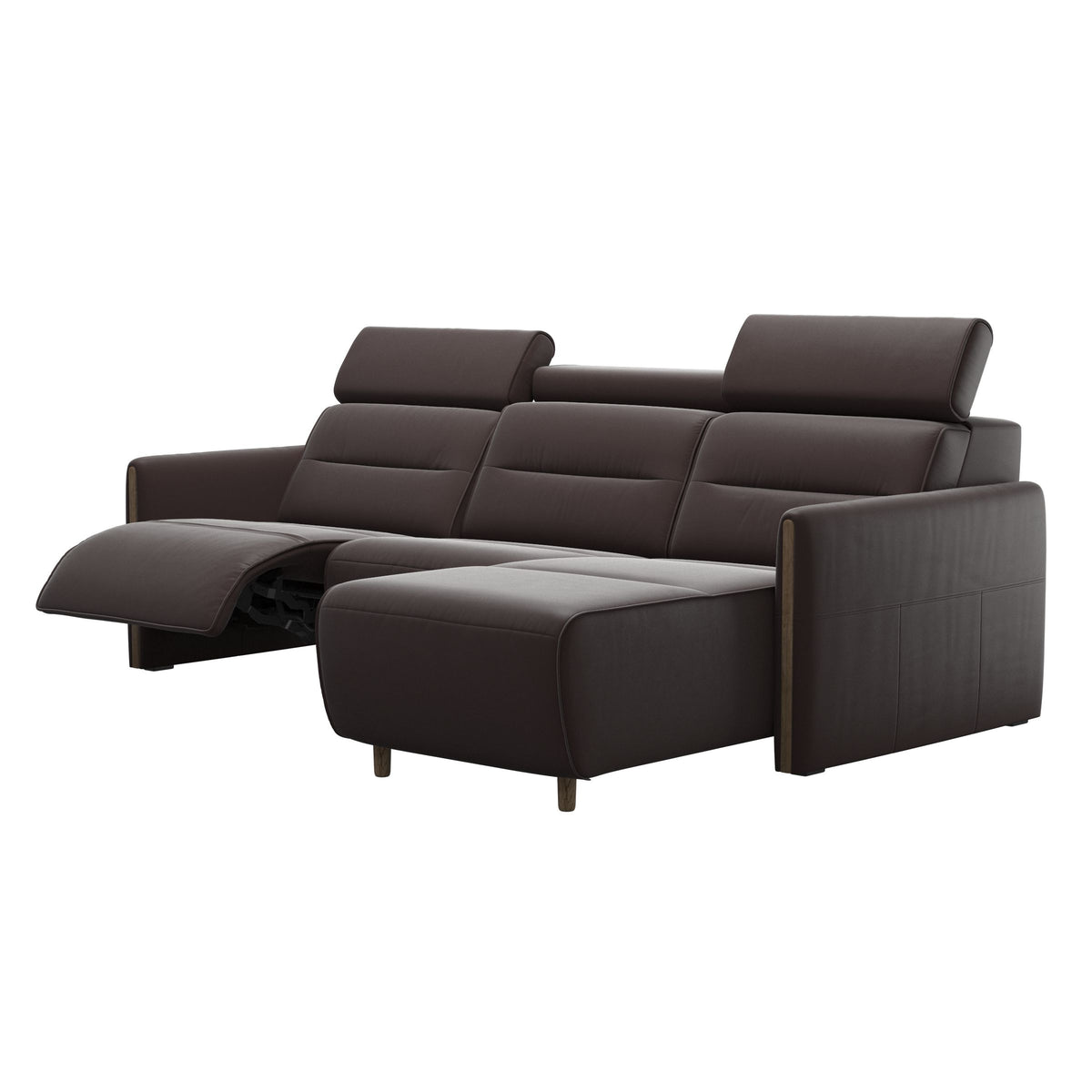 Emily Wood - 2-Seater Sofa with 1 Power Seat and 1 Long Seat - Paloma Chocolate - Smoked Oak
