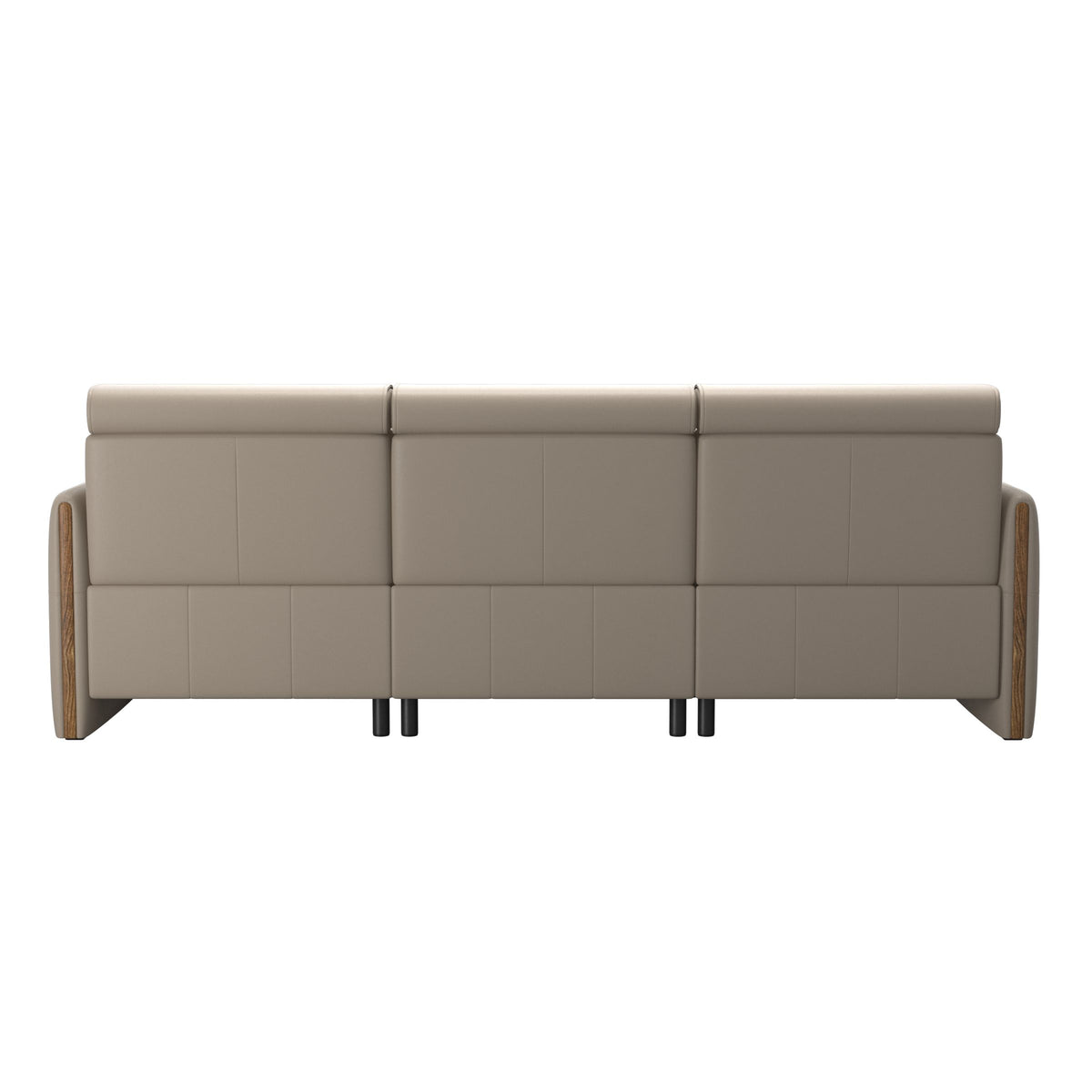 Stressless Emily Wood 2-Seater Sofa with 1 Power Seat and 1 Long Seat in Paloma Mushroom, Teak, rear three-quarter view