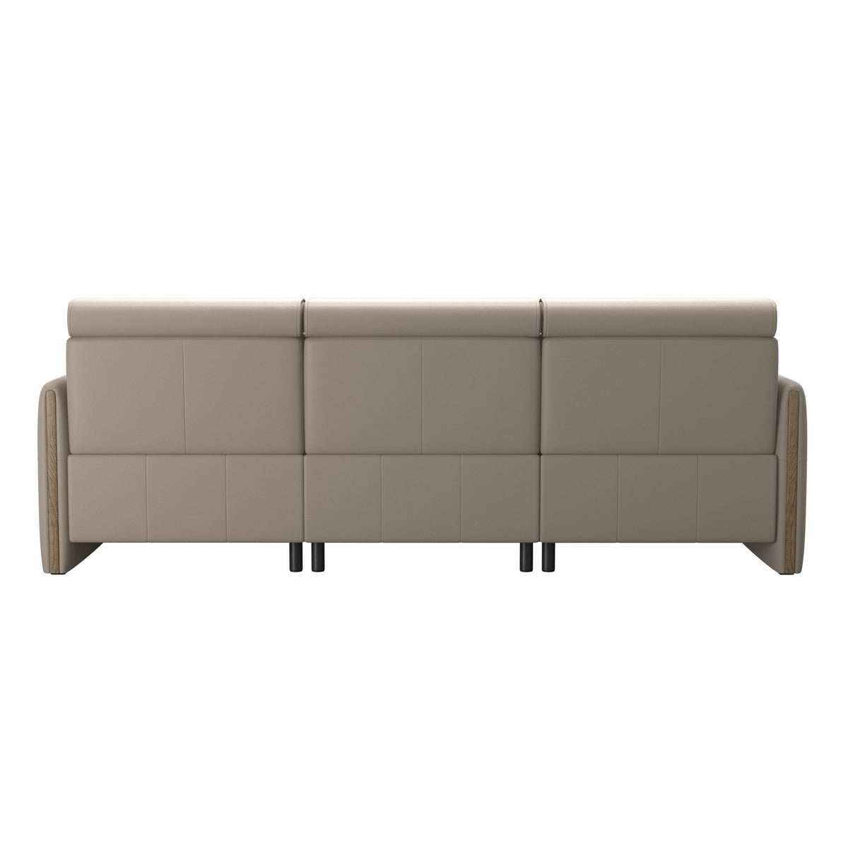 Stressless Emily Wood 2-Seater Sofa with 1 Power Seat and 1 Long Seat in Paloma Mushroom, Smoked Oak, rear three-quarter view