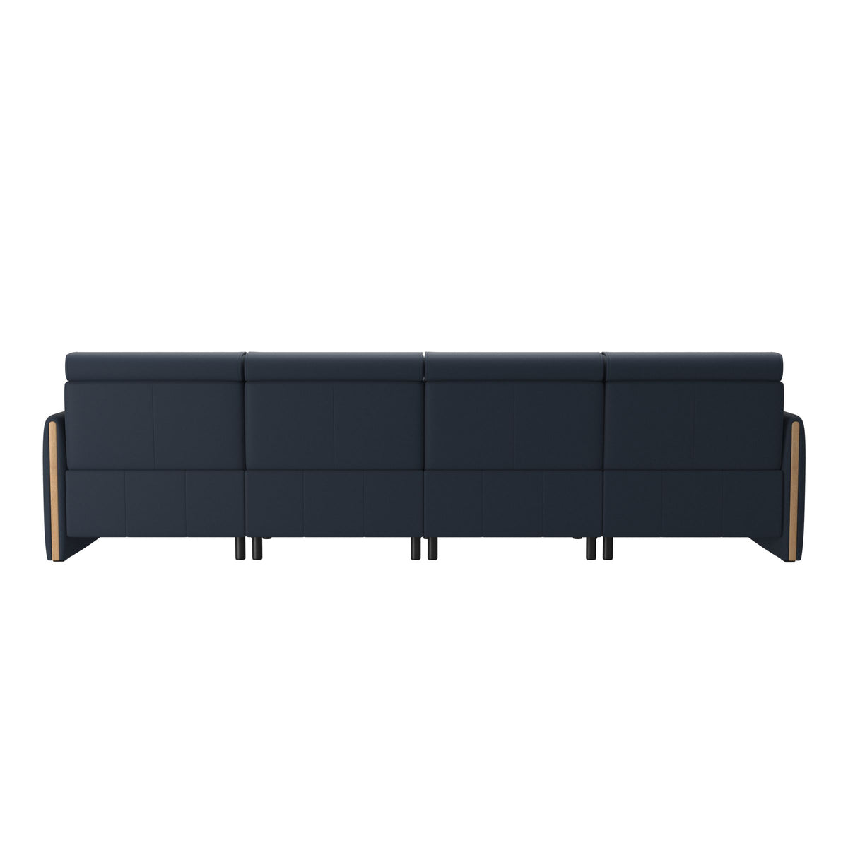 Stressless Emily Wood 4-Seater Sofa with 2 Power Seats in Paloma Oxford Blue, Oak, rear three-quarter view