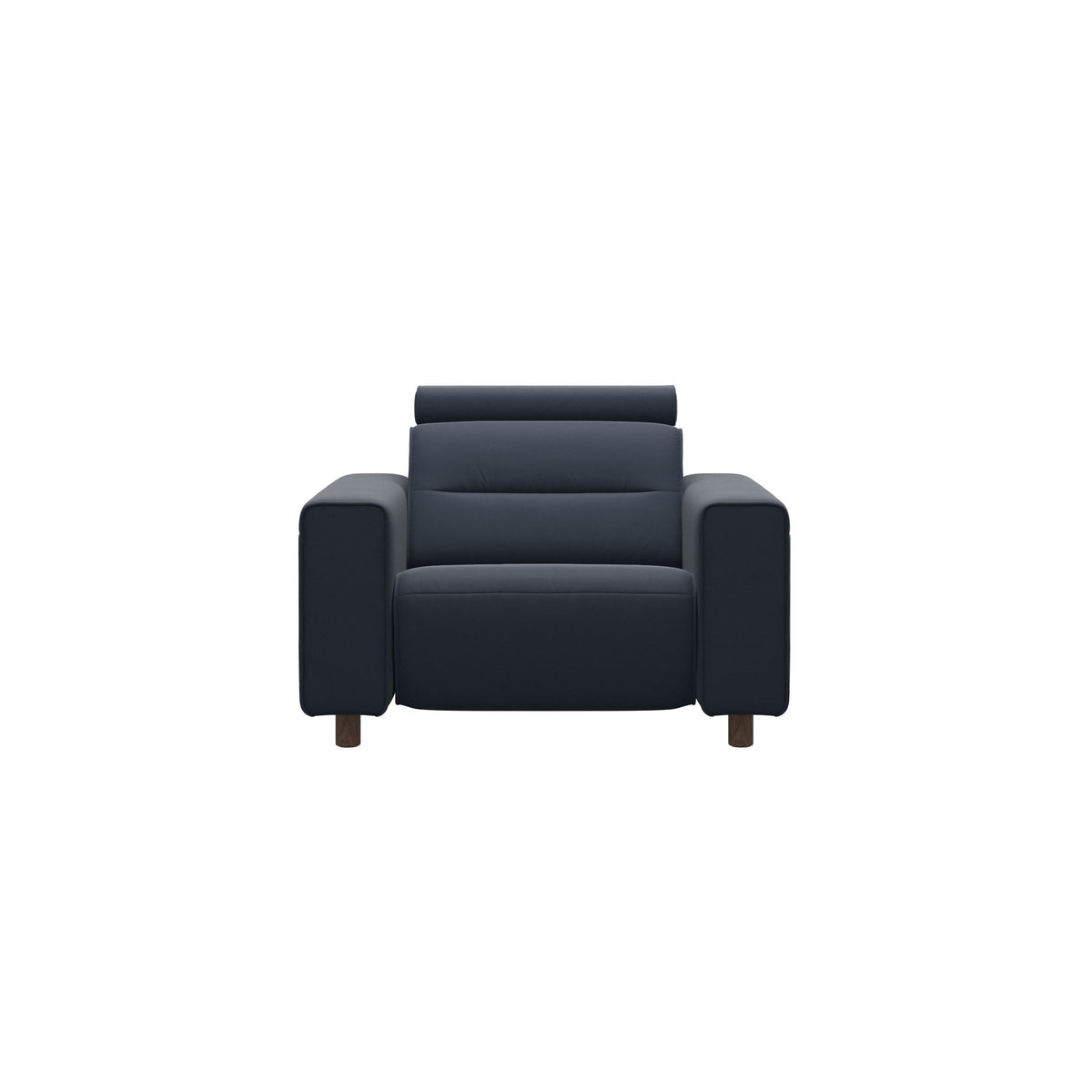 Stressless Emily Wide Arm Chair with Power in Paloma Oxford Blue, Walnut, front view