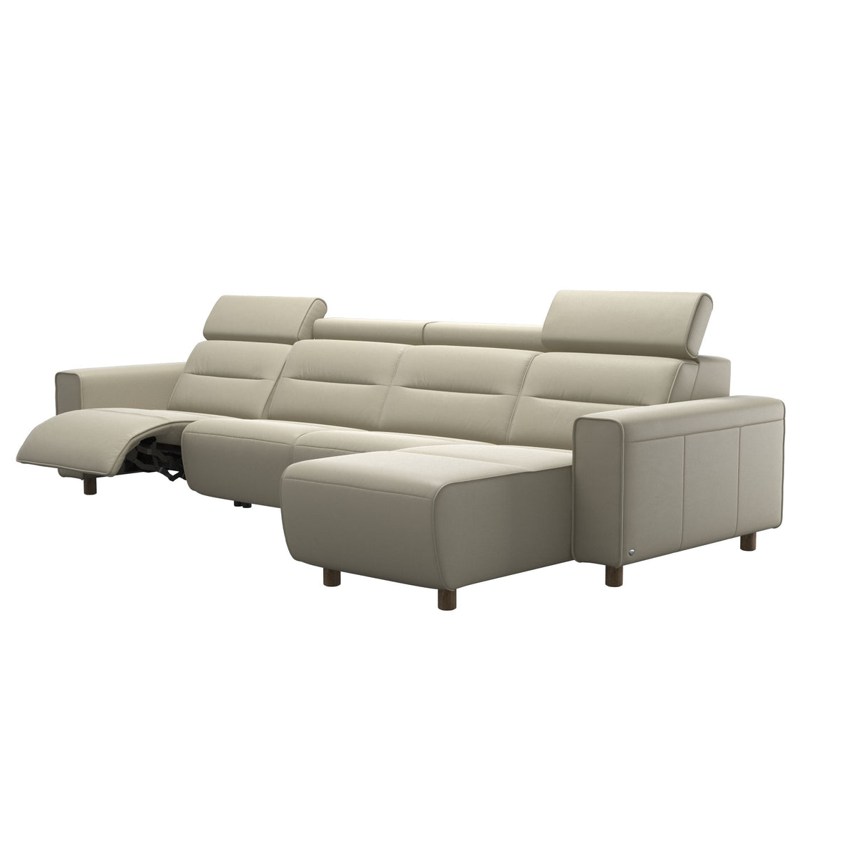Stressless Emily Wide Arm 3-Seater Sofa with 2 Power Seats and 1 Long Seat in Paloma Light Grey, Smoked Oak, side view
