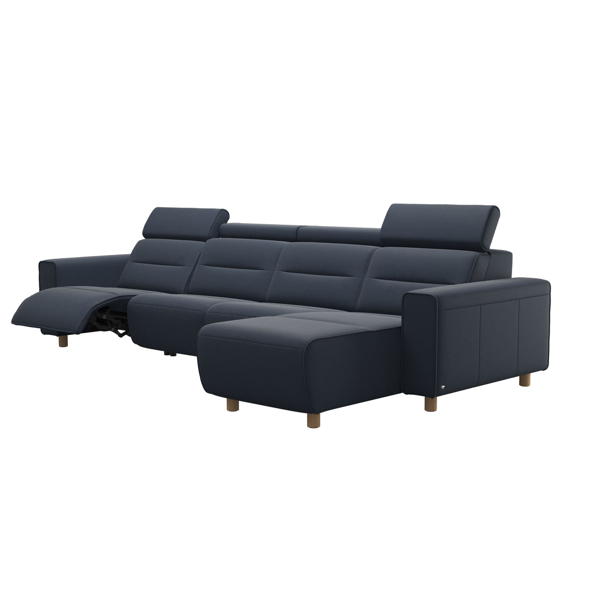 Stressless Emily Wide Arm 3-Seater Sofa with 2 Power Seats and 1 Long Seat in Paloma Oxford Blue, Oak, side view