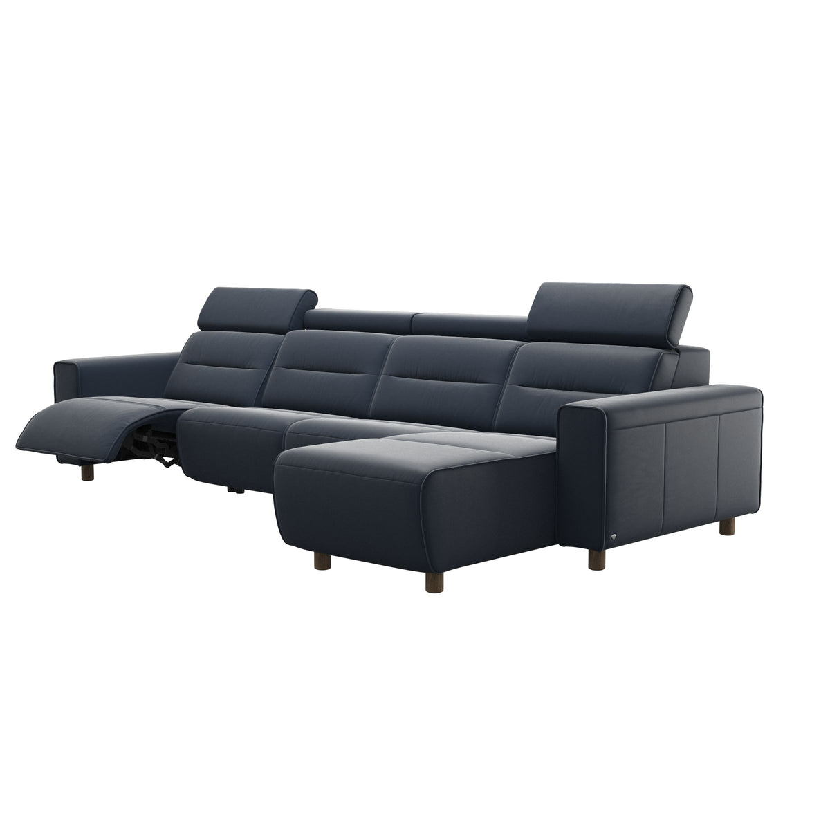 Stressless Emily Wide Arm 3-Seater Sofa with 2 Power Seats and 1 Long Seat in Paloma Oxford Blue, Smoked Oak, side view