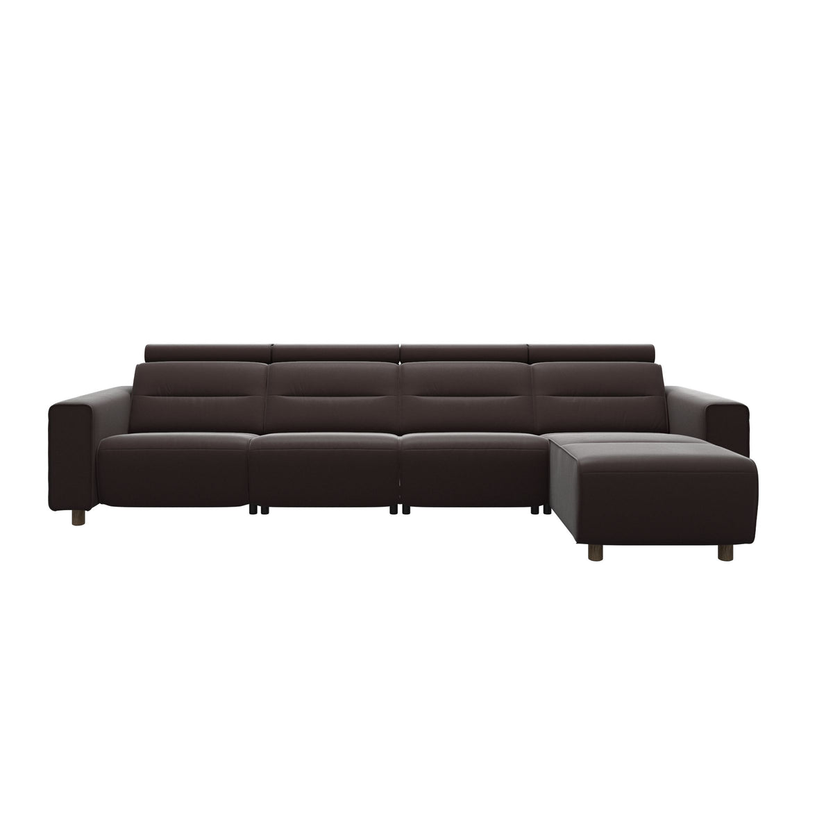 Stressless Emily Wide Arm 3-Seater Sofa with 2 Power Seats and 1 Long Seat in Paloma Chocolate, Smoked Oak, front view