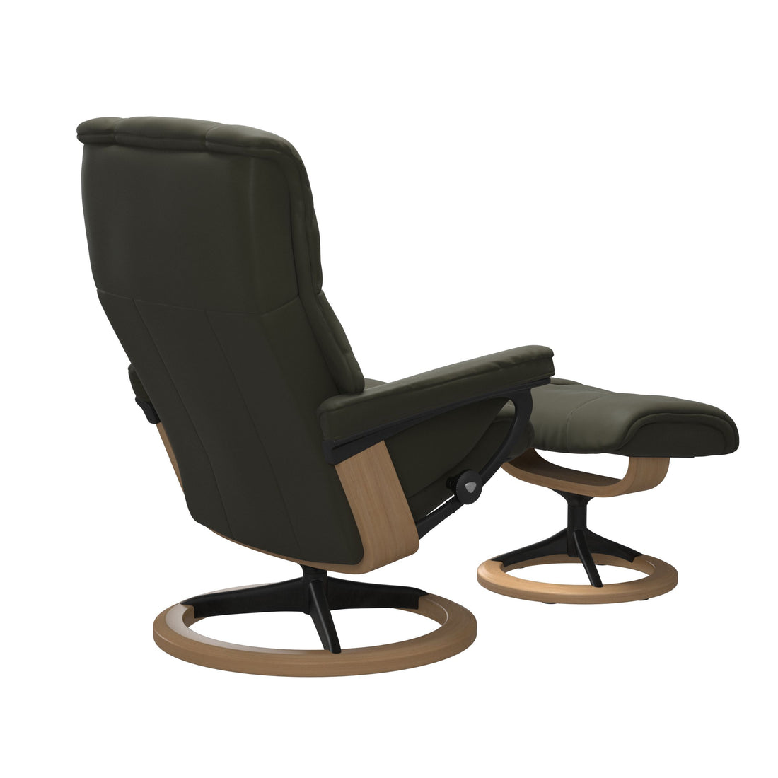 Stressless Mayfair Recliner Signature Base in Paloma Dark Olive, Oak (with Matte Black), rear three-quarter view