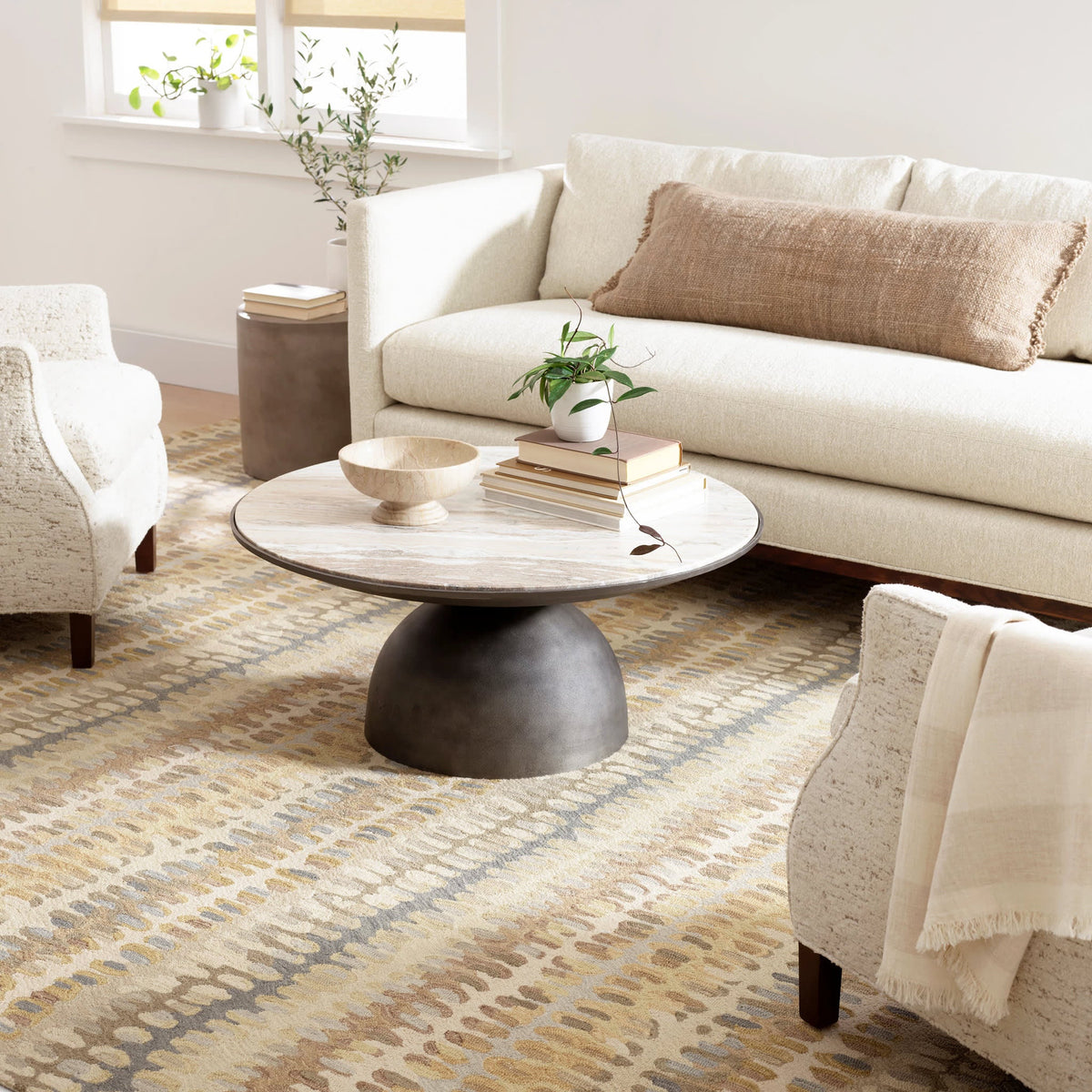 Dash & Albert Paint Chip Hand Micro Hooked Wool Rug in Natural, living room setting