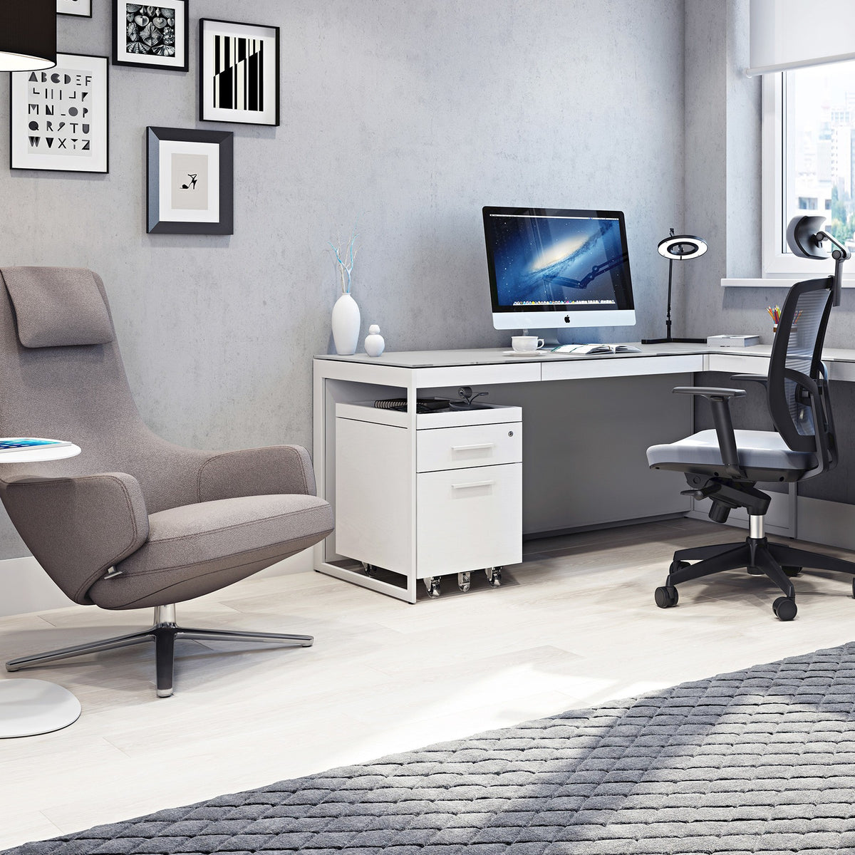 BDi Centro 6407 Mobile File Pedestal in Satin White on Oak, under the desk, in a home office