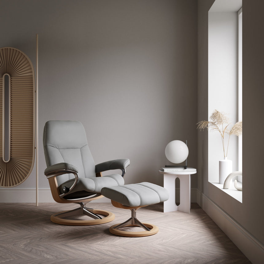 Stressless Consul Recliner Signature Base, room setting, shown in Batick Wild Dove all-groups