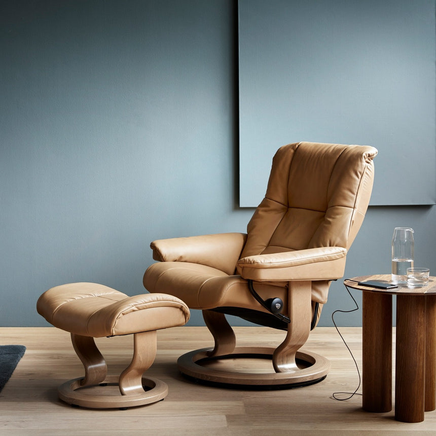 Stressless Mayfair Recliner Classic Base, room setting, shown in Paloma Almond all-groups