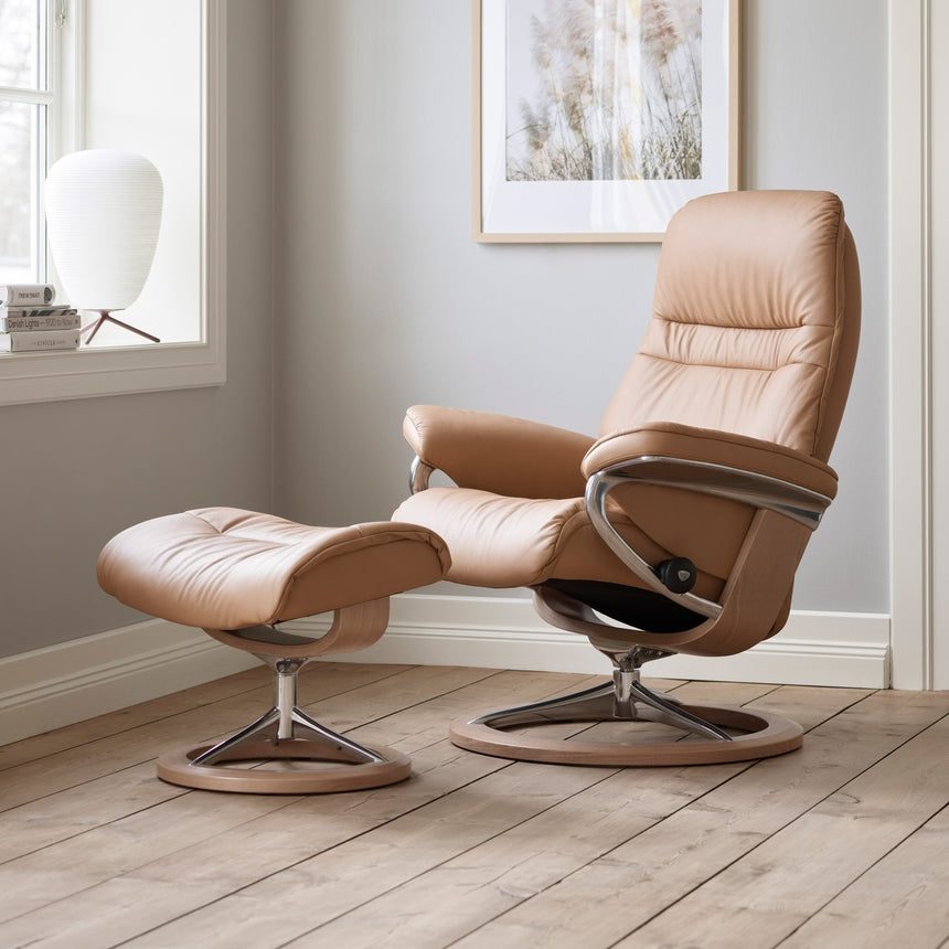 Stressless Sunrise Recliner Signature Base, room setting, shown in Paloma Almond all-groups