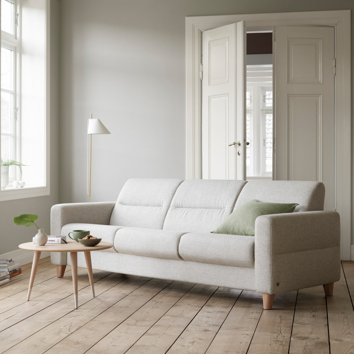 Stressless Fiona Wood 3-Seater Sofa, room setting, shown in Clover Light Beige all-groups