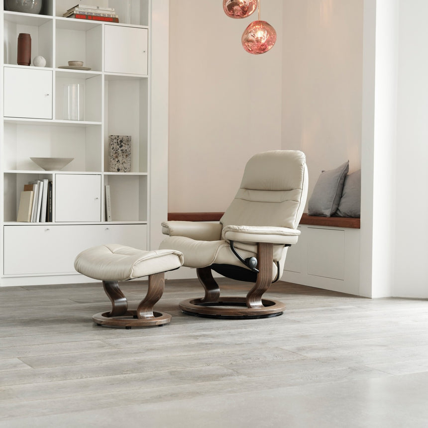 Stressless Sunrise Recliner Classic Base, room setting, shown in Batick Cream all-groups