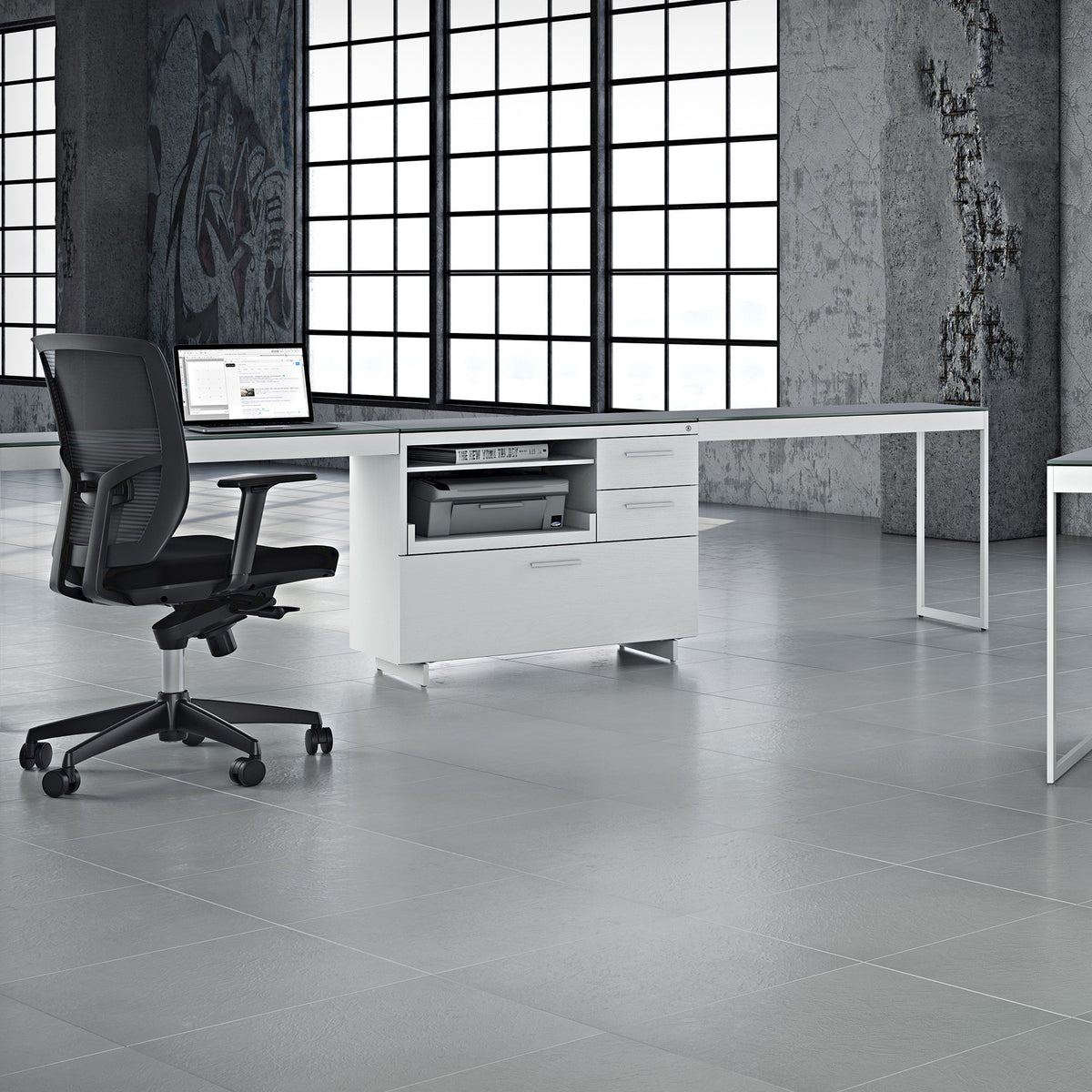 BDi Centro 6417 Multi Function Cabinet in Satin White on Oak with Grey Glass, supporting two desk tops, in a loft office