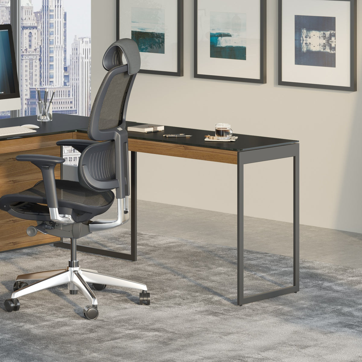 BDi Sequel 20 6112 Desk Extension in Natural Walnut, with a black frame, joined to the desk with a mobile file, in an office