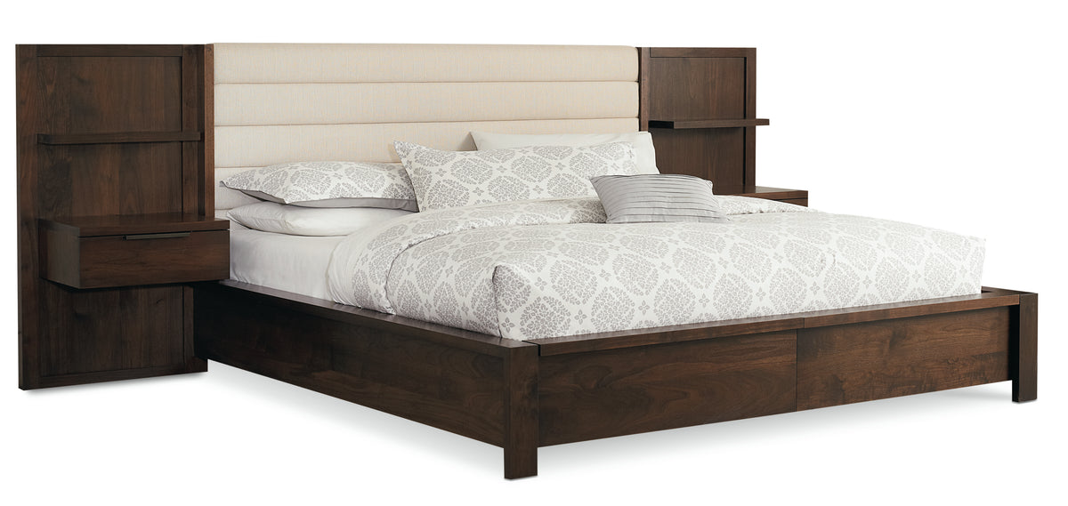 West Bros Phase Nightstand Panel Assembly in 80 Walnut, on both sides of the Phase bed, on white