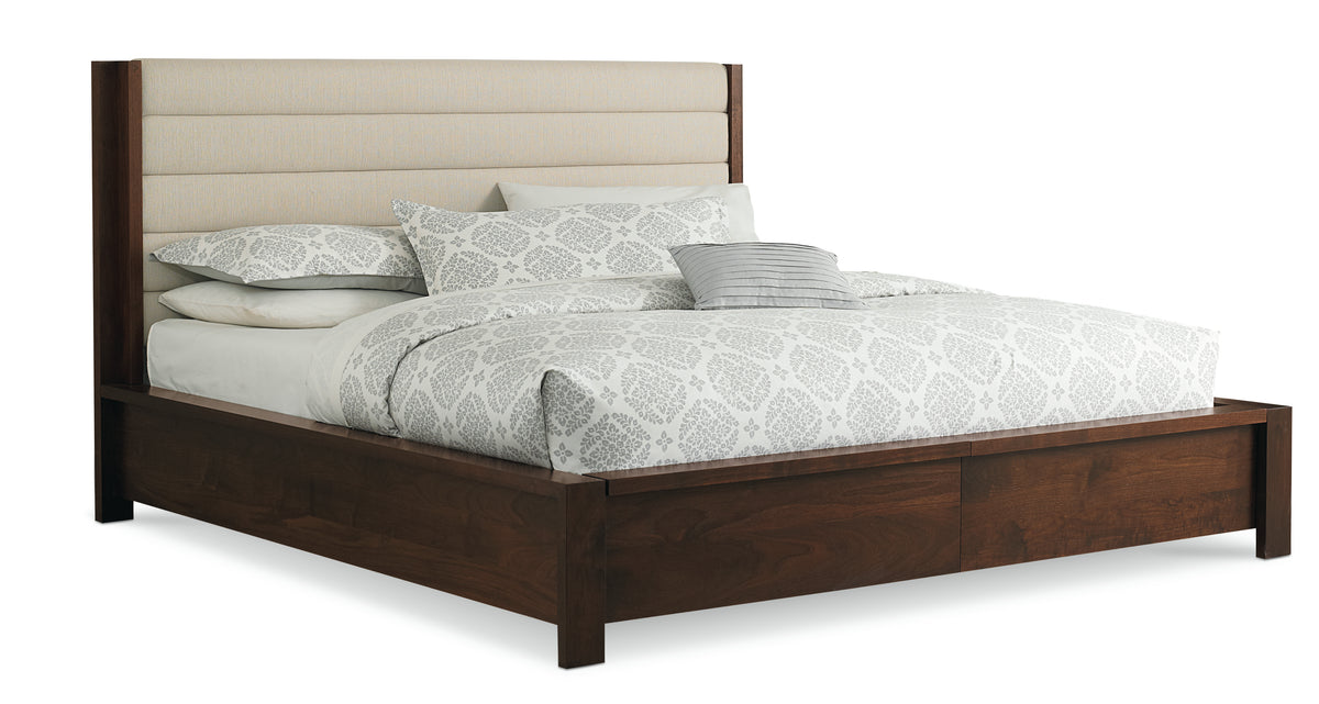 West Bros Phase Complete Bed in 80 Walnut, with the upholstered headboard, on white