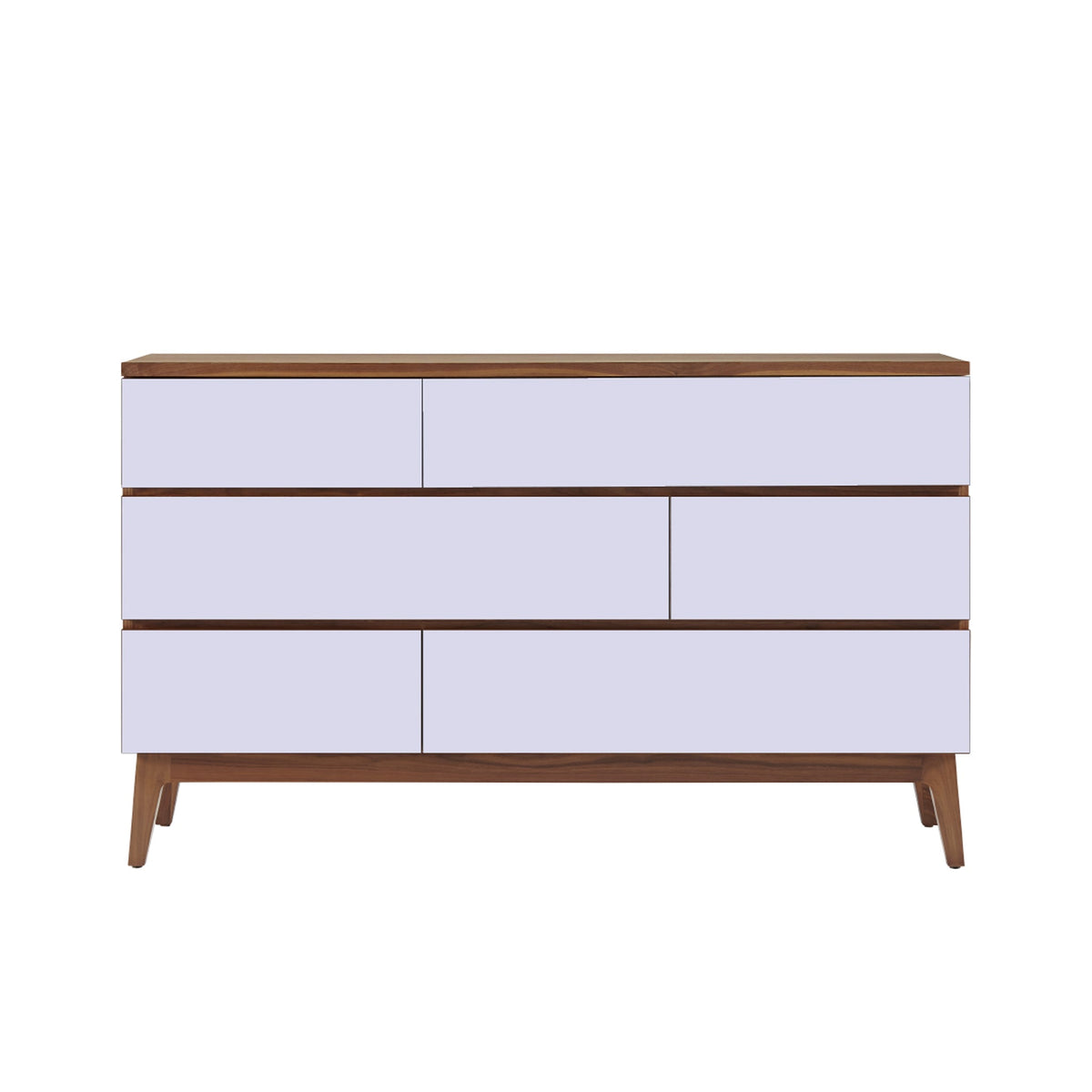 West Bros Serra 6 Drawer Dresser, on white, Mist lacquer fronts