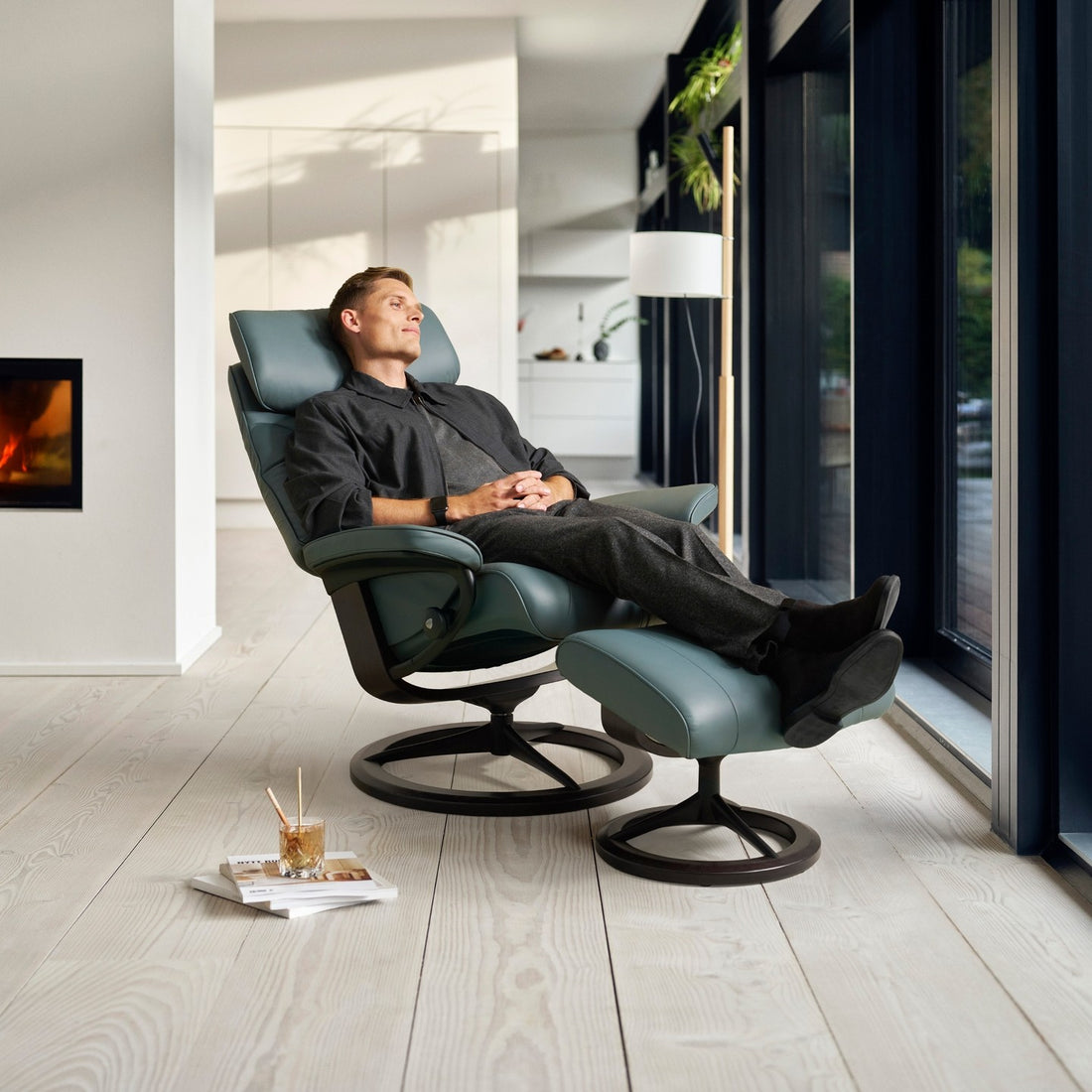 Stressless Paul Recliner Signature Base, room setting, shown in Paloma Teal Blue