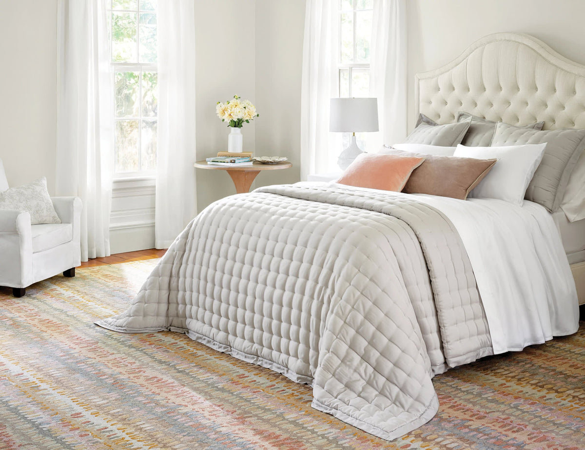 Dash & Albert Paint Chip Hand Micro Hooked Wool Rug in Stone, bedroom setting