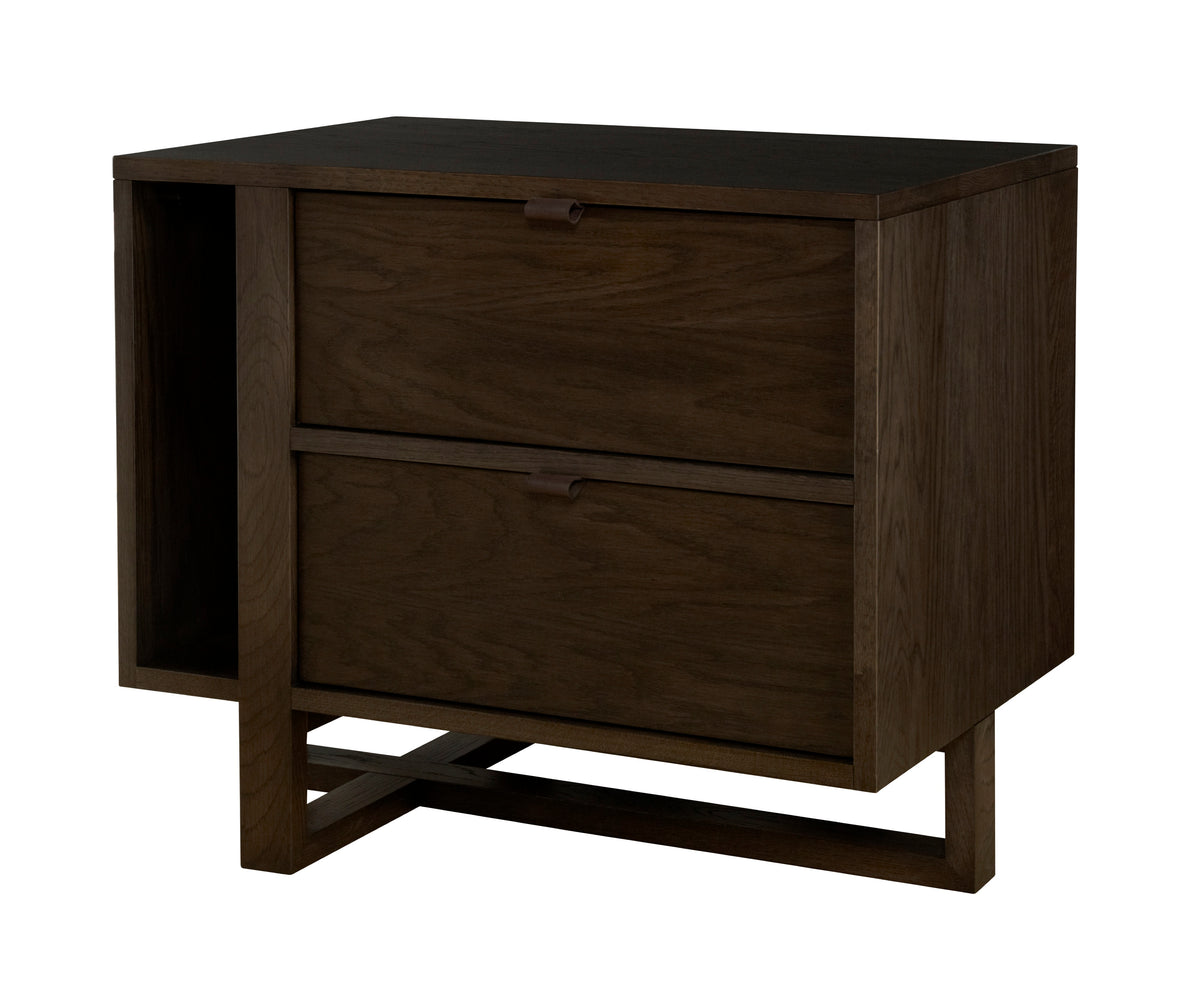 West Bros Fulton Magazine Nightstand in 89 Sand, on white, shelf on the left