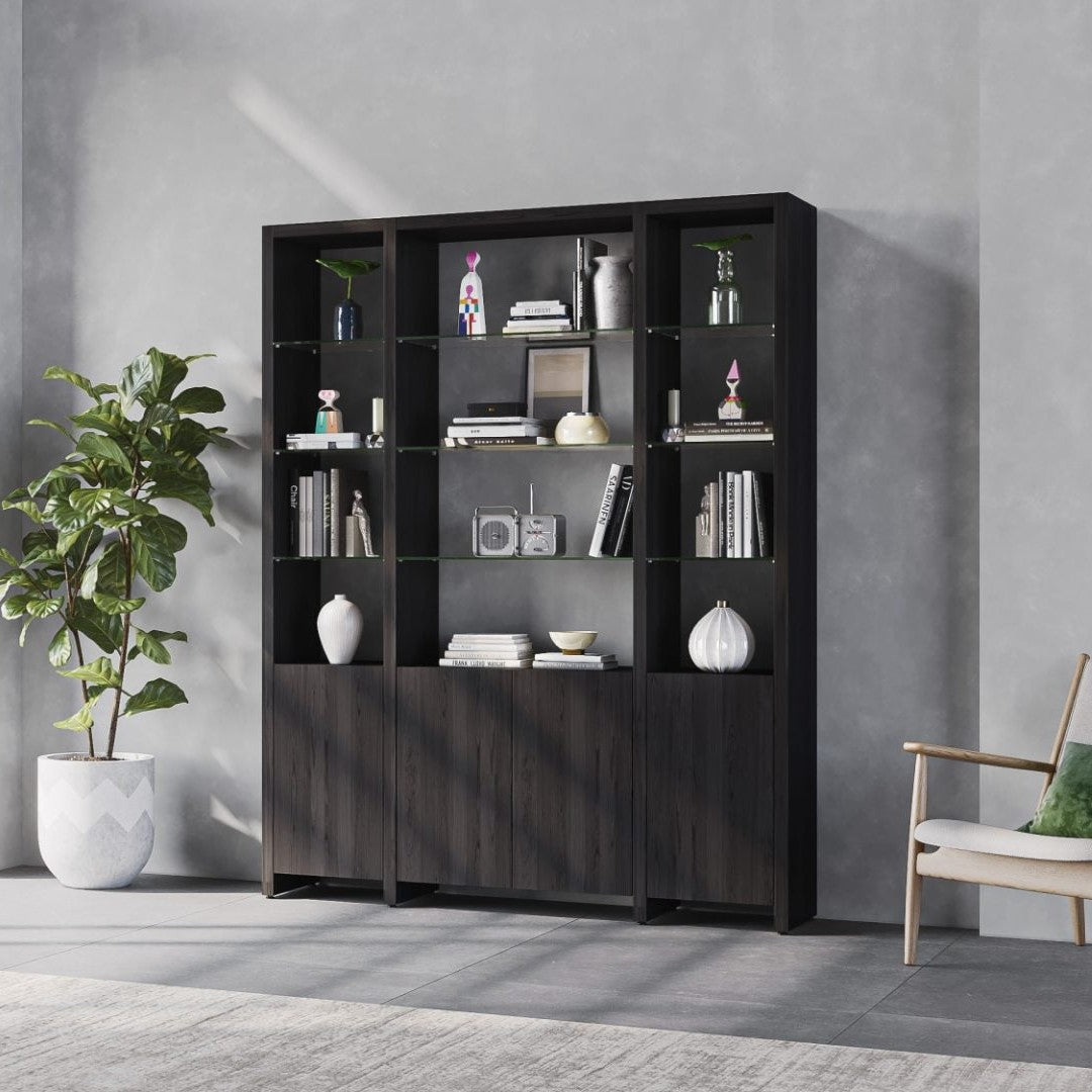BDi Linea 3-Shelf System in Charcoal Stained Ash, in a room setting, 66" Wide size
