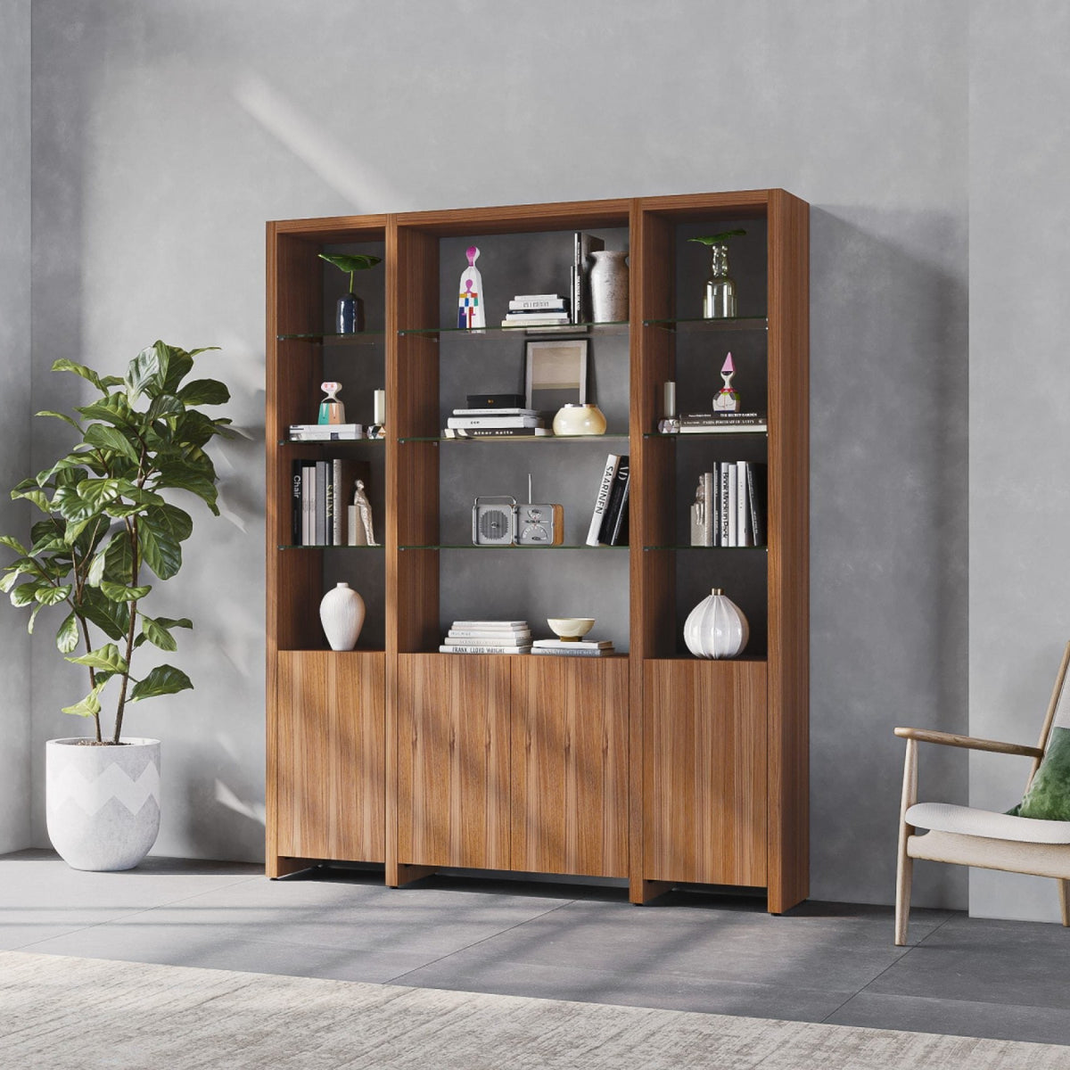 BDi Linea 3-Shelf System in Natural Walnut, in a room setting, 66" Wide size