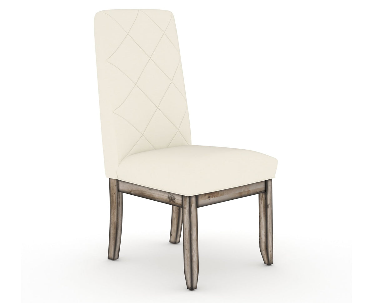 Canadel Champlain Upholstered Dining Chair 0138 in YJ Faux Leather and 72 Heritage Nature and Quilted Back, three-quarter view