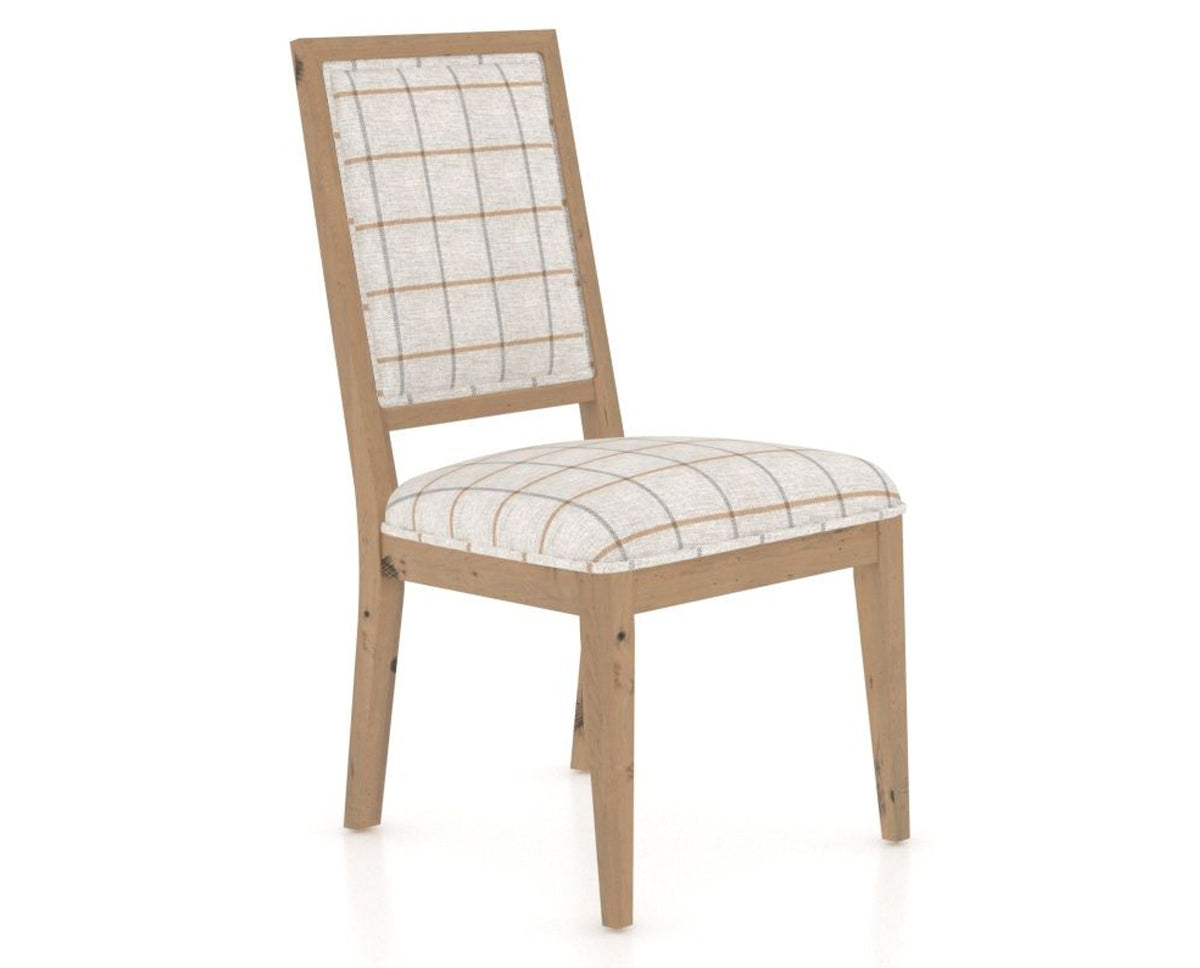 Canadel Loft Upholstered Dining Chair 312A in OZ Fabric and 20 Caramel Washed, three-quarter view