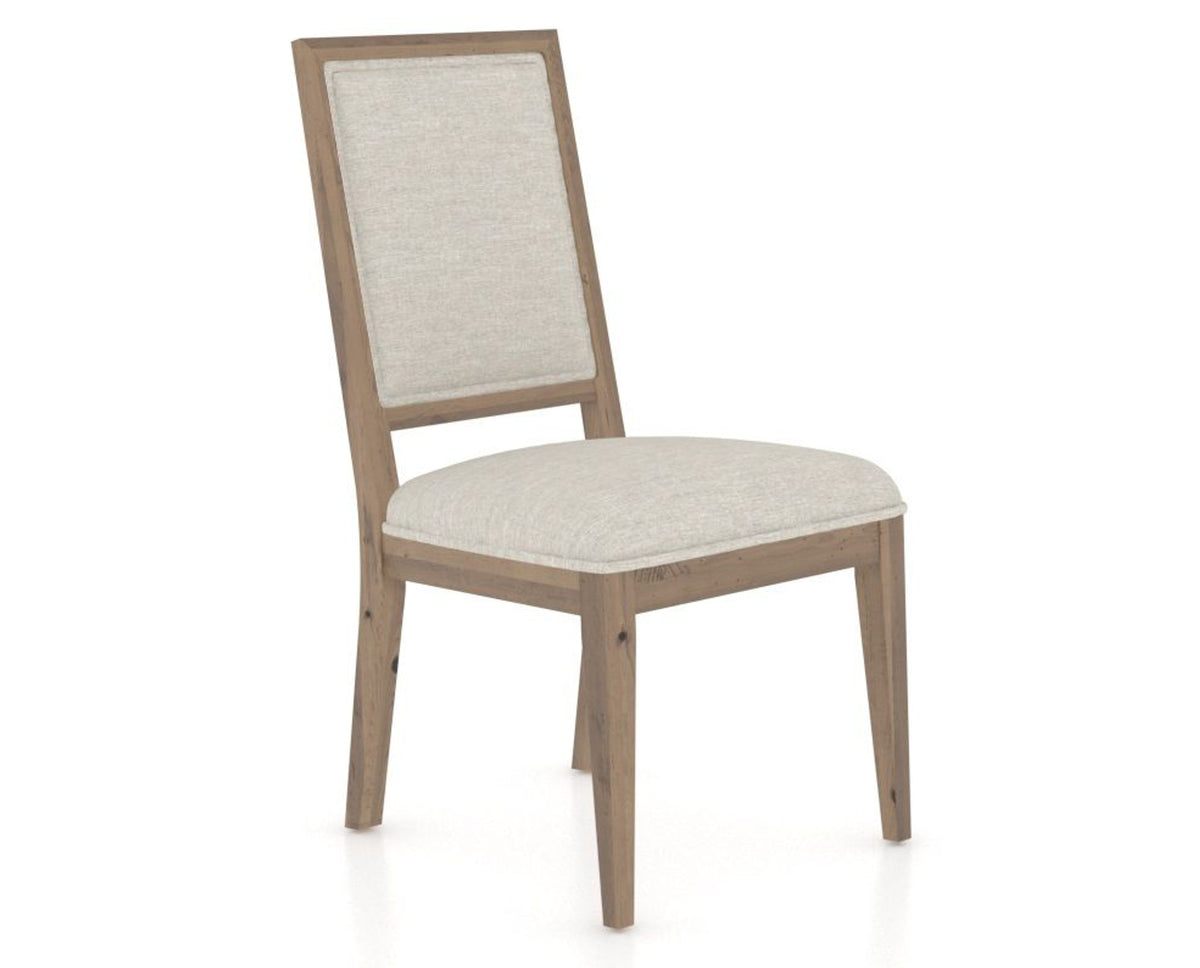 Canadel Loft Upholstered Dining Chair 312A in TB Fabric and 25 Pecan Washed, three-quarter view