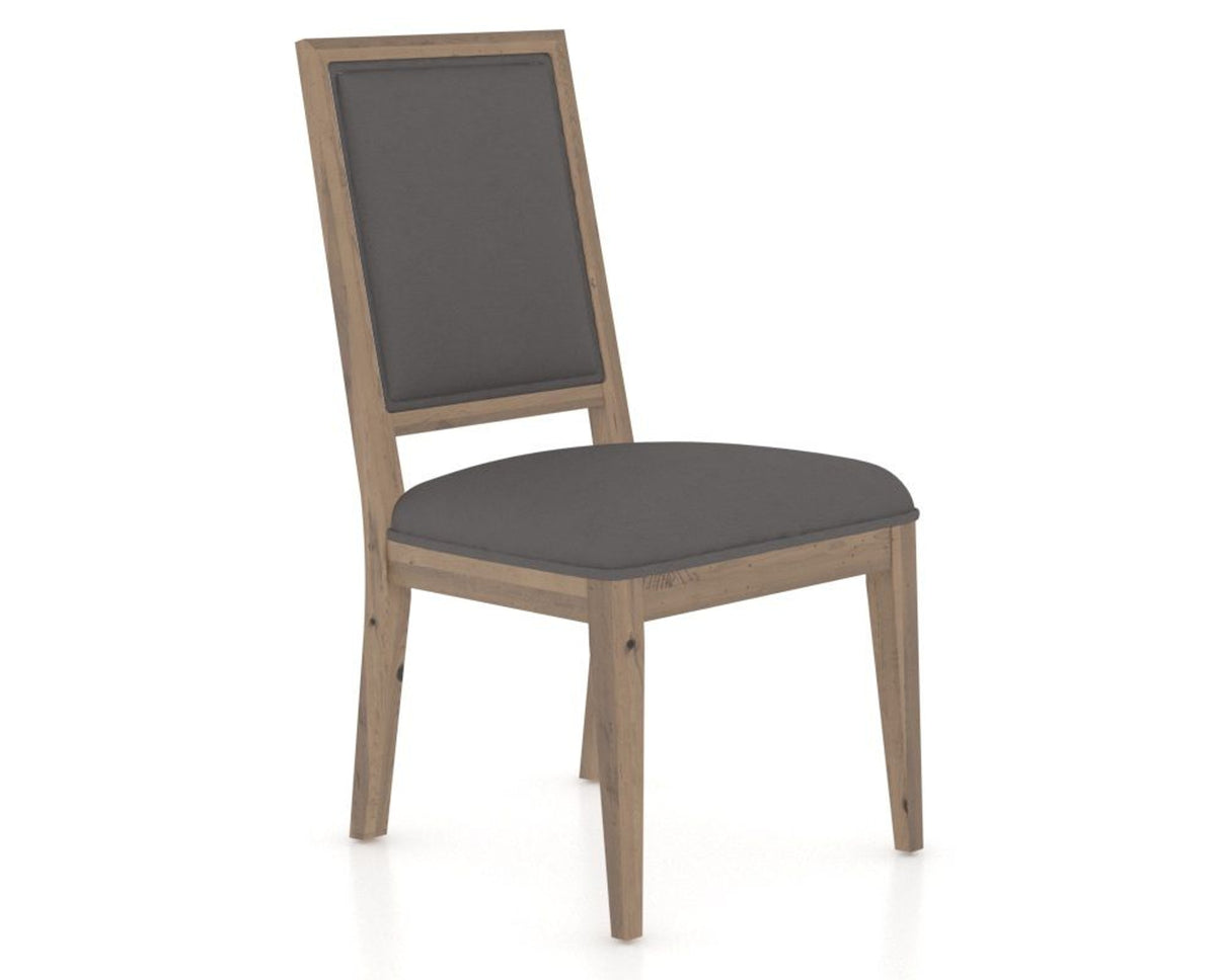Canadel Loft Upholstered Dining Chair 312A in XU Faux Leather and 25 Pecan Washed, three-quarter view