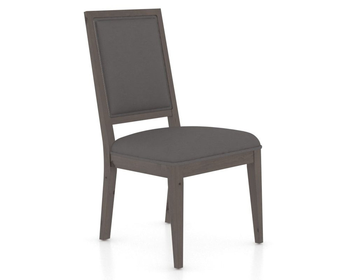 Canadel Loft Upholstered Dining Chair 312A in XU Faux Leather and 29 Hazelnut Washed, three-quarter view