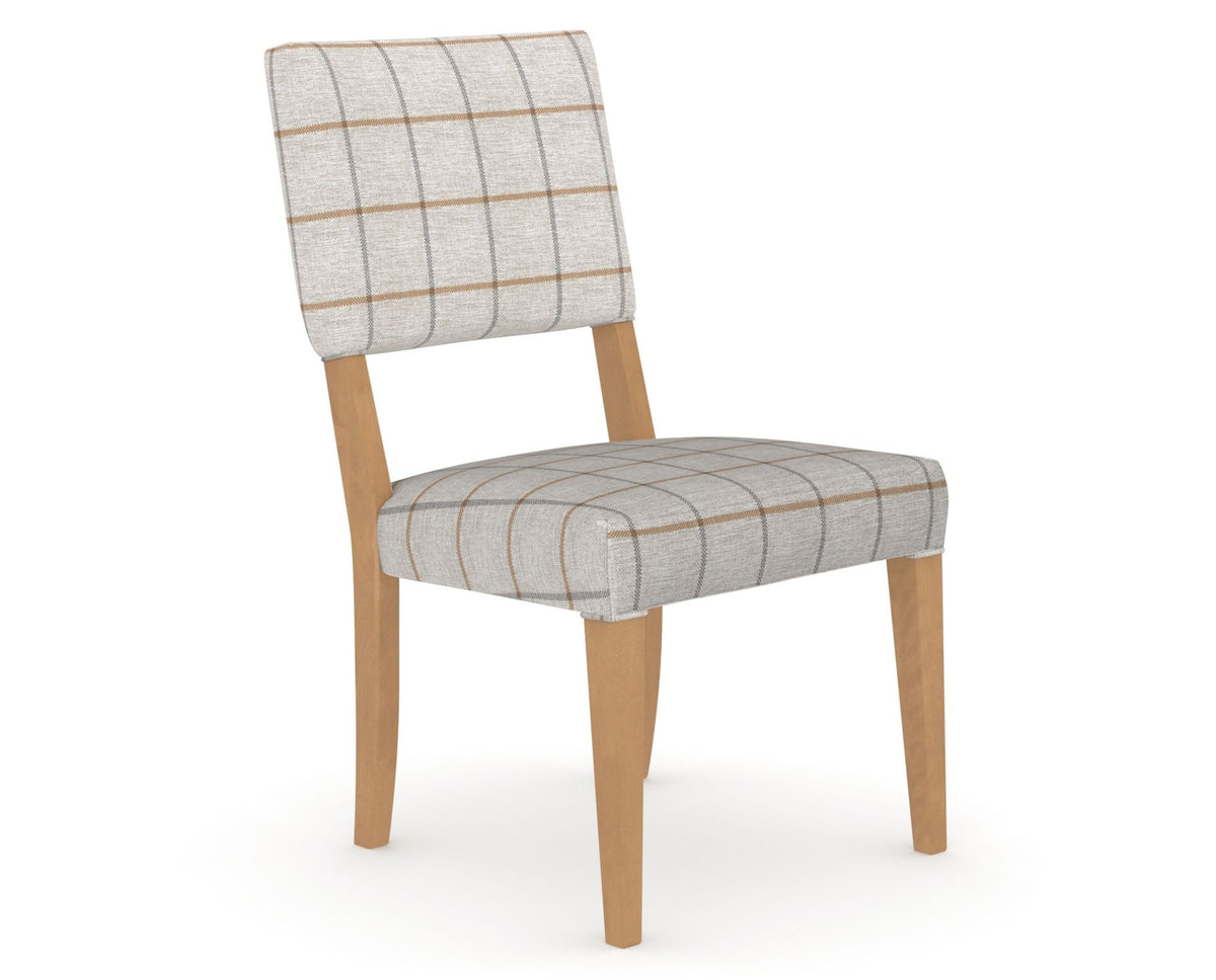 Canadel Upholstered Dining Chair 5051 in OZ Fabric and 20 Caramel Washed, three-quarter view