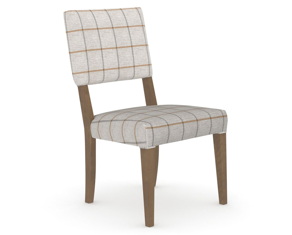 Canadel Upholstered Dining Chair 5051 in OZ Fabric and 25 Pecan Washed, three-quarter view