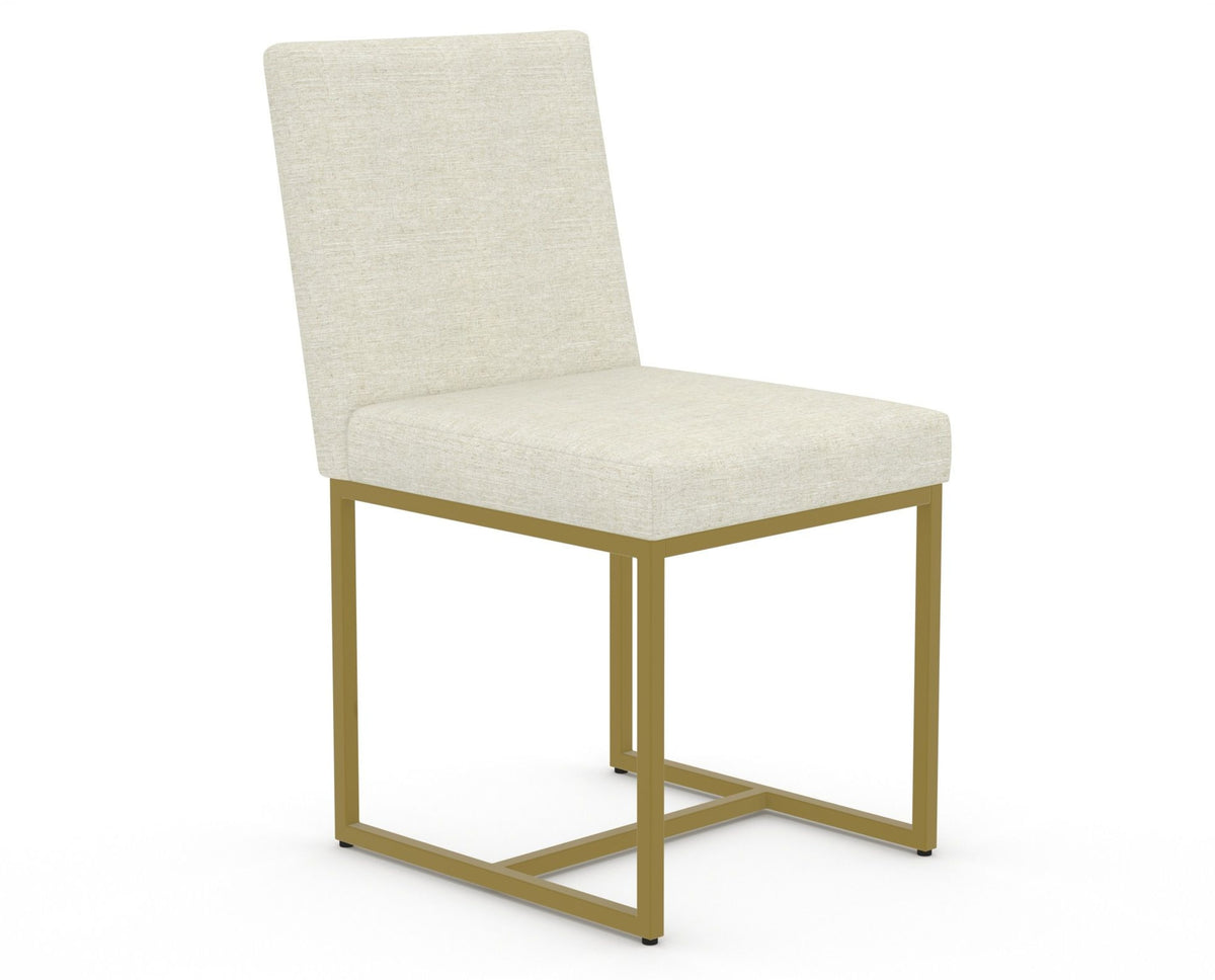 Canadel Modern Upholstered Dining Chair 5174 in TW Fabric with a gold metal frame, three-quarter view