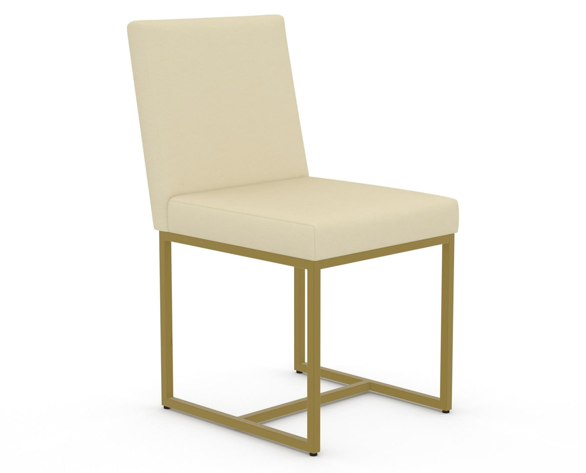 Canadel Modern Upholstered Dining Chair 5174 in XZ Faux Leather with a gold metal frame, three-quarter view