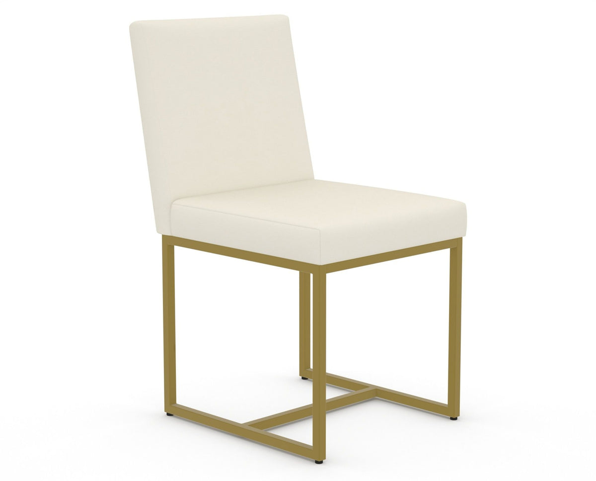 Canadel Modern Upholstered Dining Chair 5174 in YJ Faux Leather with a gold metal frame, three-quarter view