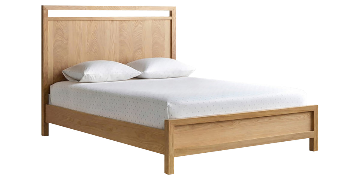 West Bros Fulton Complete Bed in 89 Sand with the wood headboard, angled view