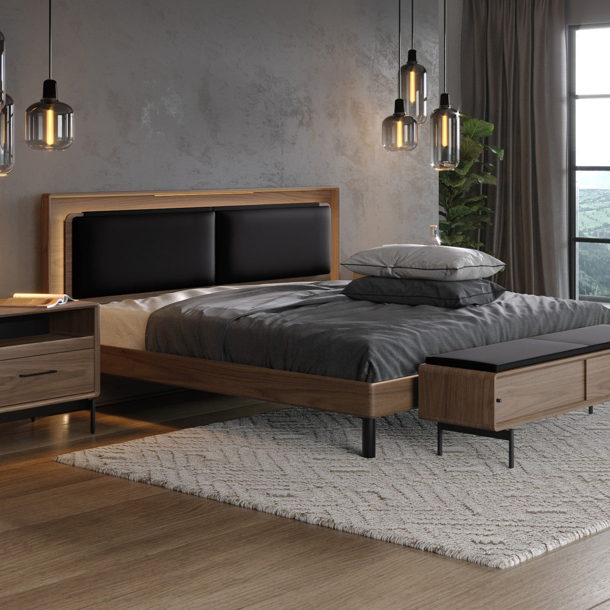 BDi Linq Up-Linq Bed in Natural Walnut, king with Contour headboard cushions, in a bedroom with a bench