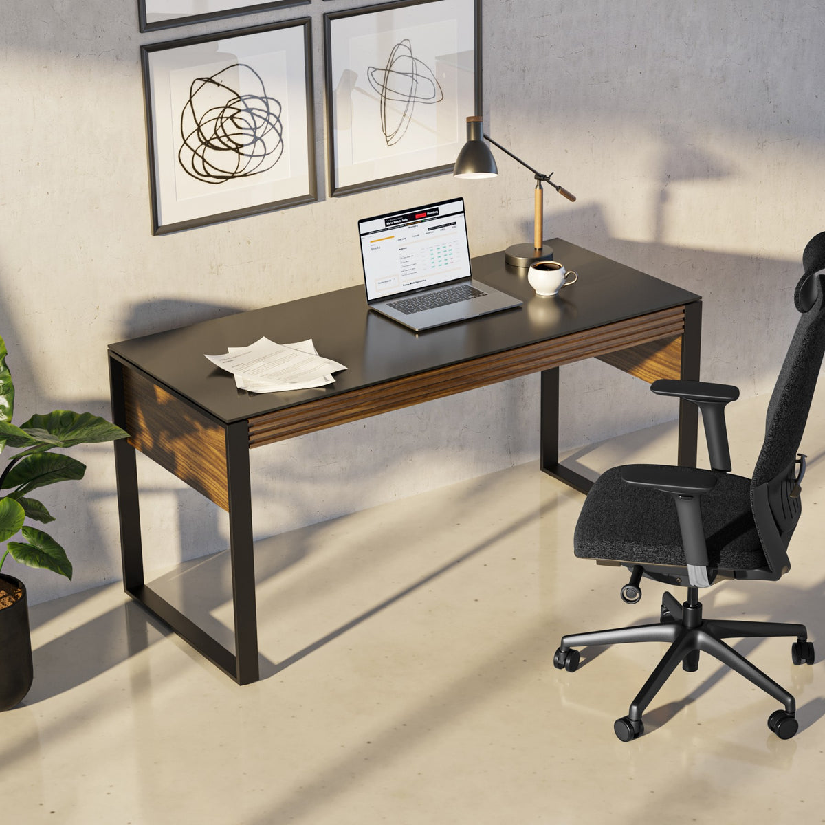 BDi Corridor 6501 Office Desk in Natural Walnut, in a sunlit home office with a desk chair