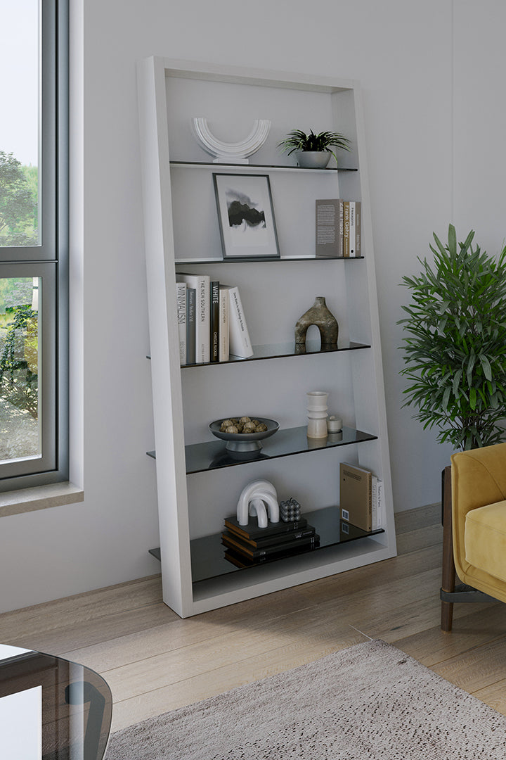 BDi Eileen 5166 Leaning Book Shelf in Satin White, styled with books and decor in a living room