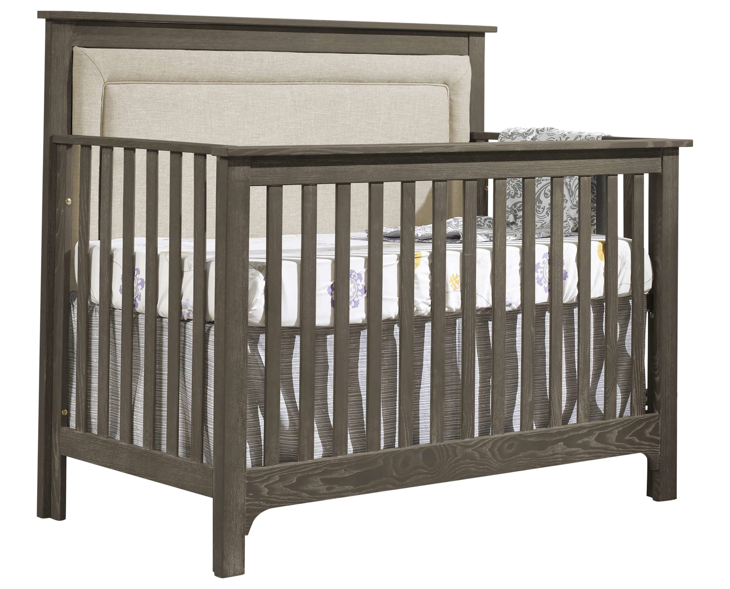 Grigio Brushed Oak with Talc Fabric | Emerson 5-in-1 Convertible Crib w/Talc Upholstered Headboard Panel | Valley Ridge Furniture