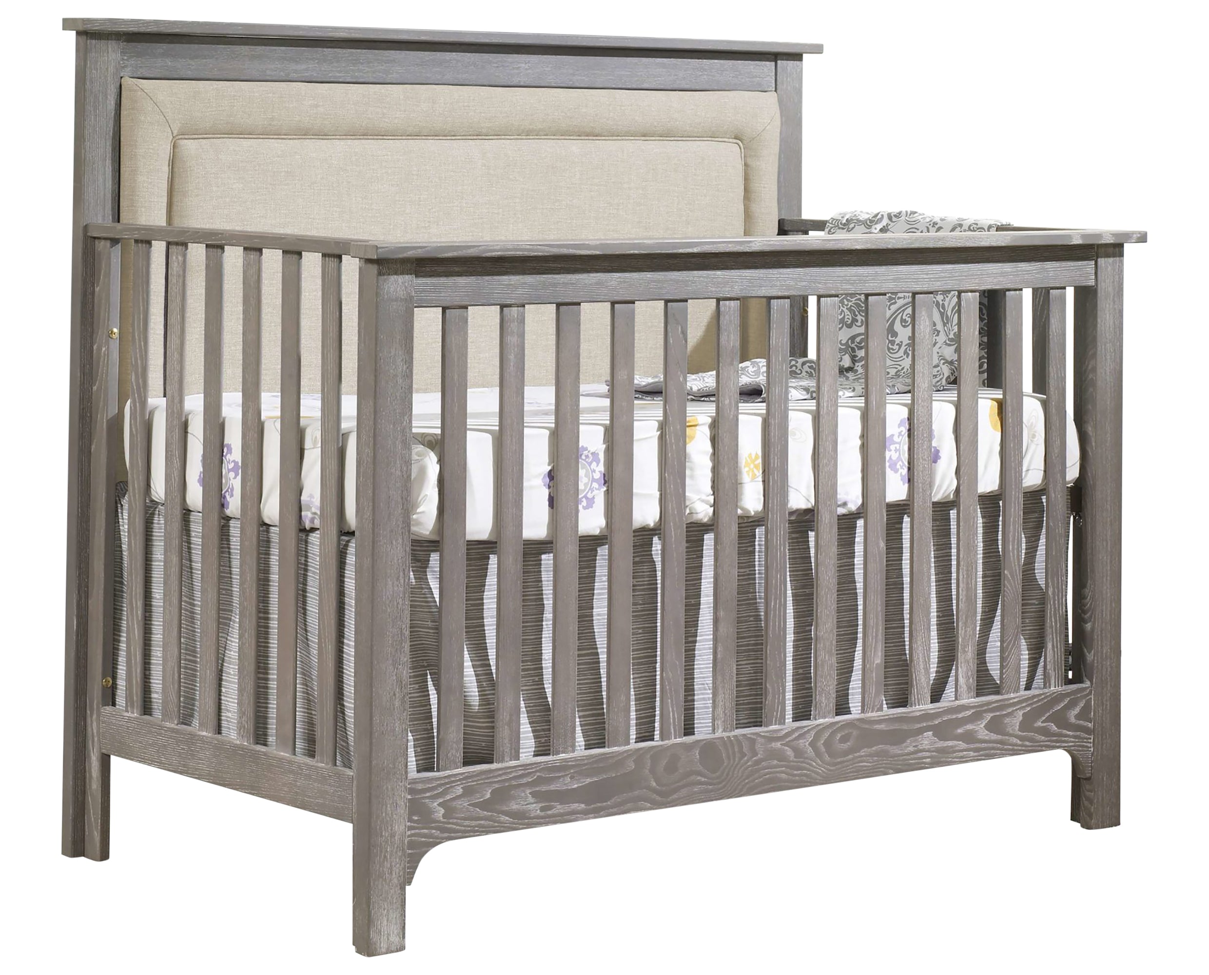 Owl Brushed Oak with Talc Fabric | Emerson 5-in-1 Convertible Crib w/Talc Upholstered Headboard Panel | Valley Ridge Furniture