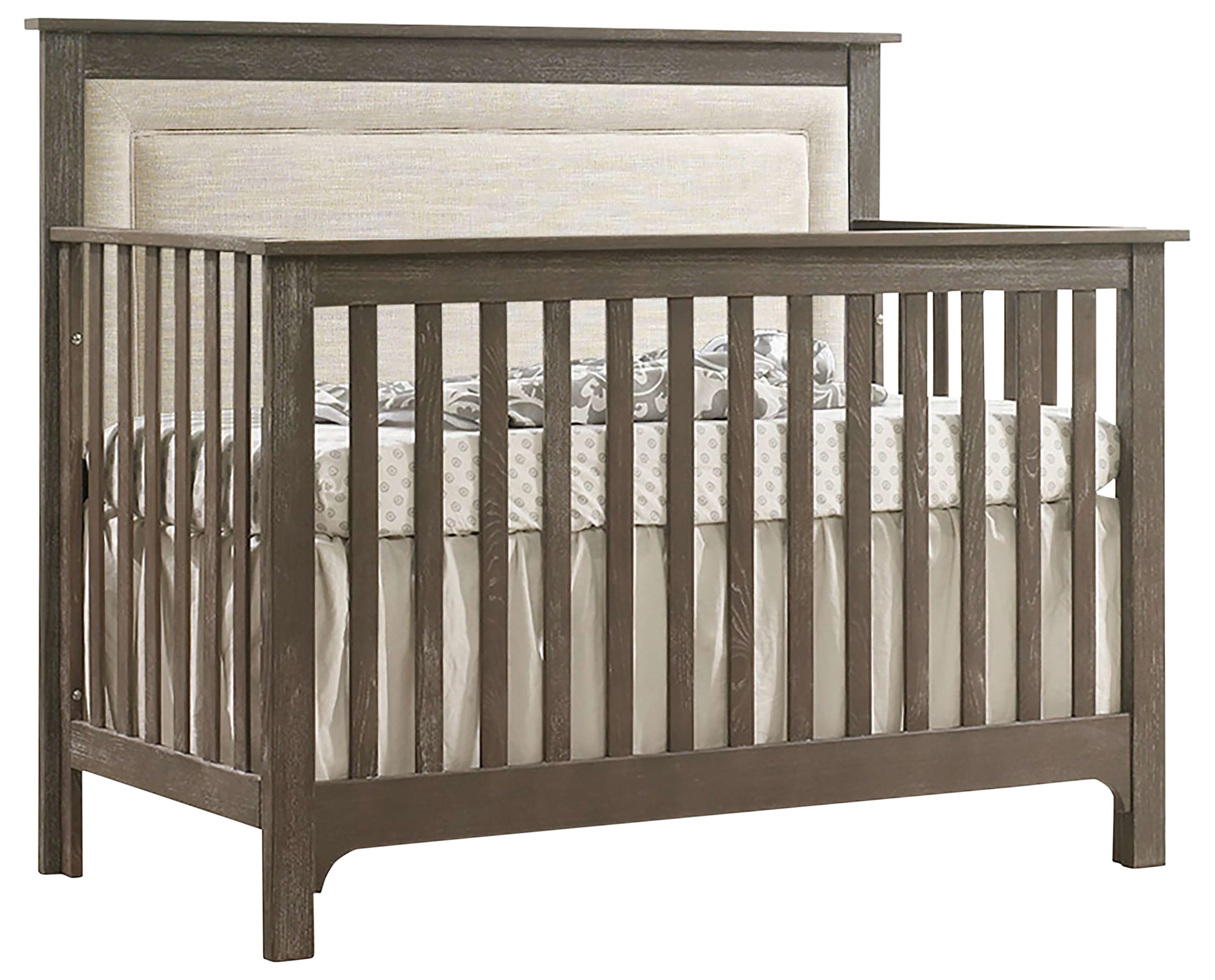 Sugar Cane Brushed Oak with Talc Fabric | Emerson 5-in-1 Convertible Crib w/Talc Upholstered Headboard Panel | Valley Ridge Furniture