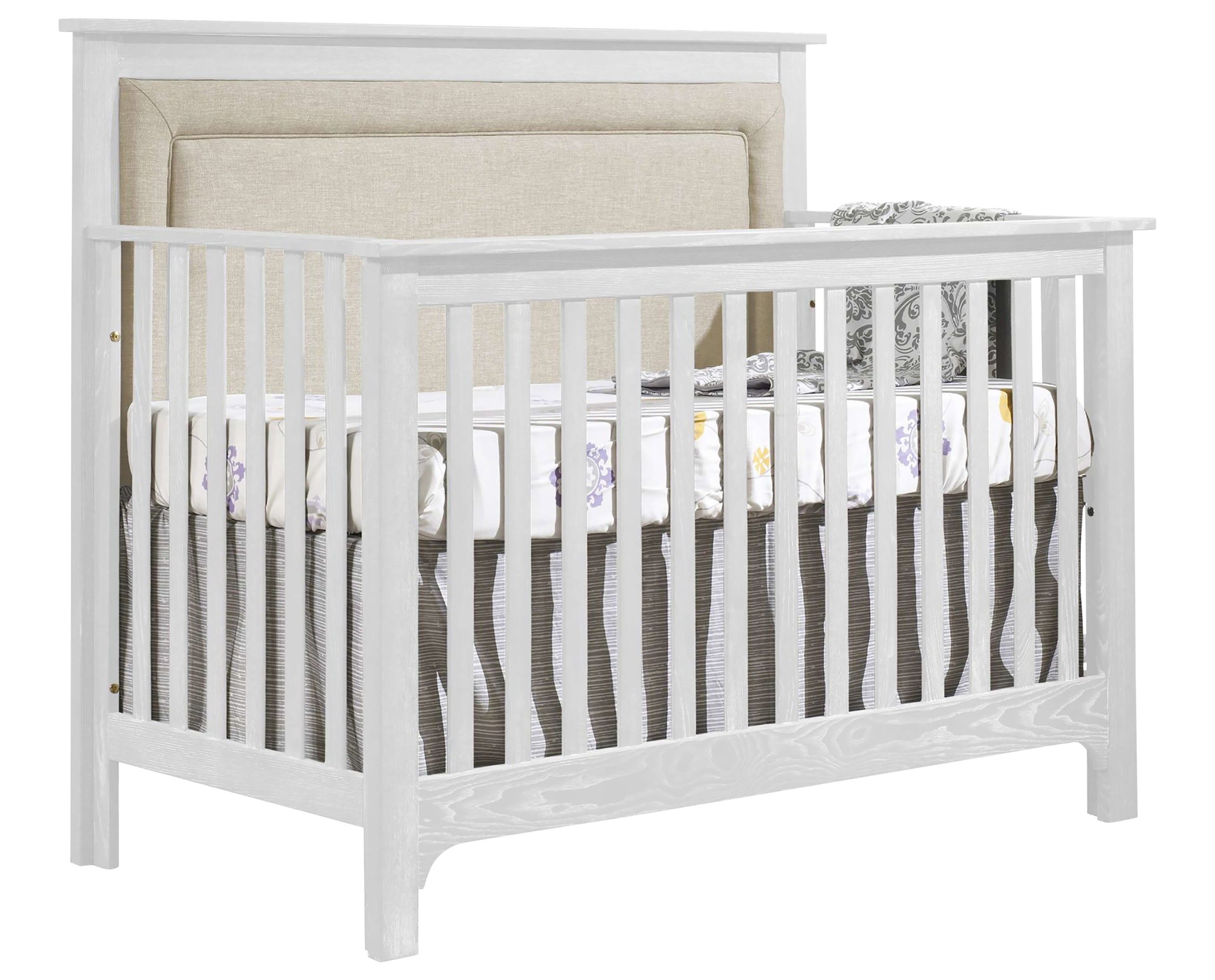 White Brushed Oak with Talc Fabric | Emerson 5-in-1 Convertible Crib w/Talc Upholstered Headboard Panel | Valley Ridge Furniture